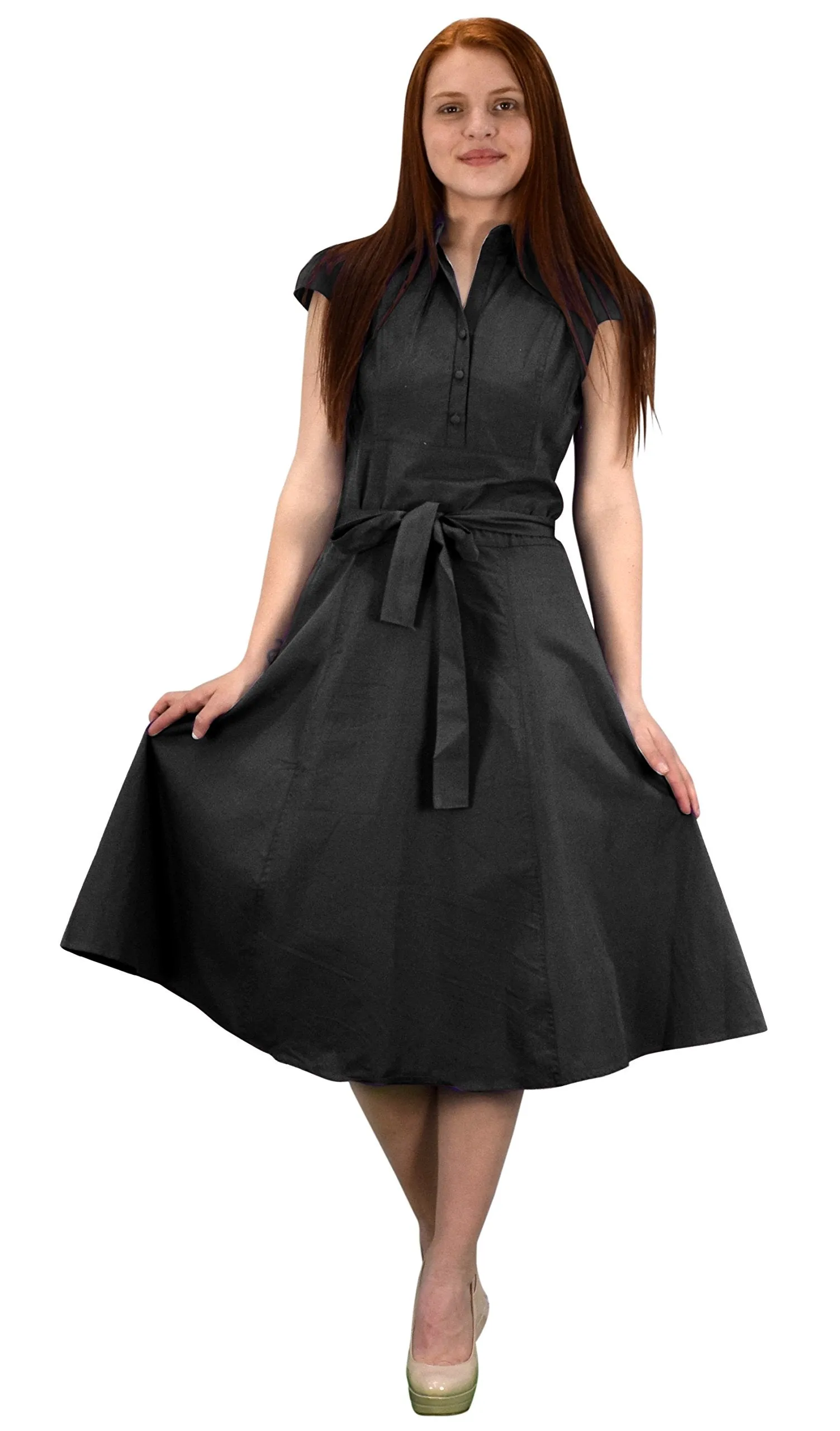 100% Cotton Button Up Vintage A-Line Swing Dress Fabric Belt