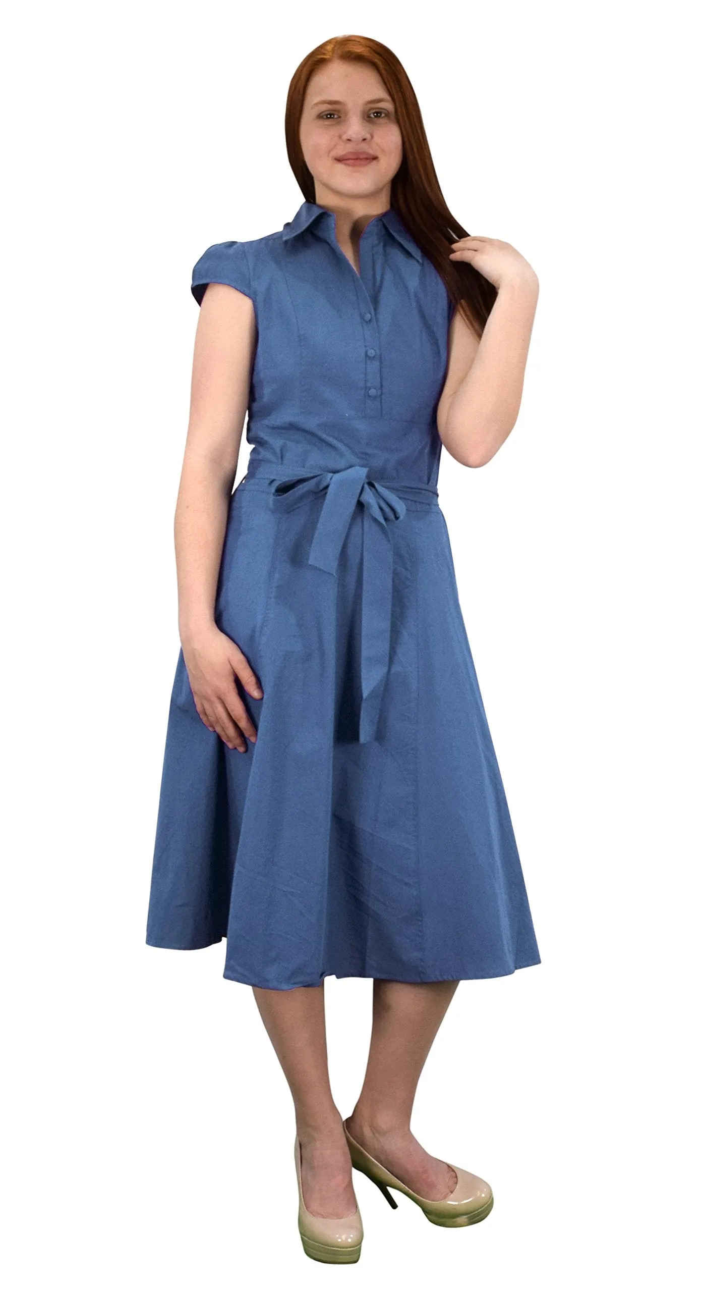 100% Cotton Button Up Vintage A-Line Swing Dress Fabric Belt