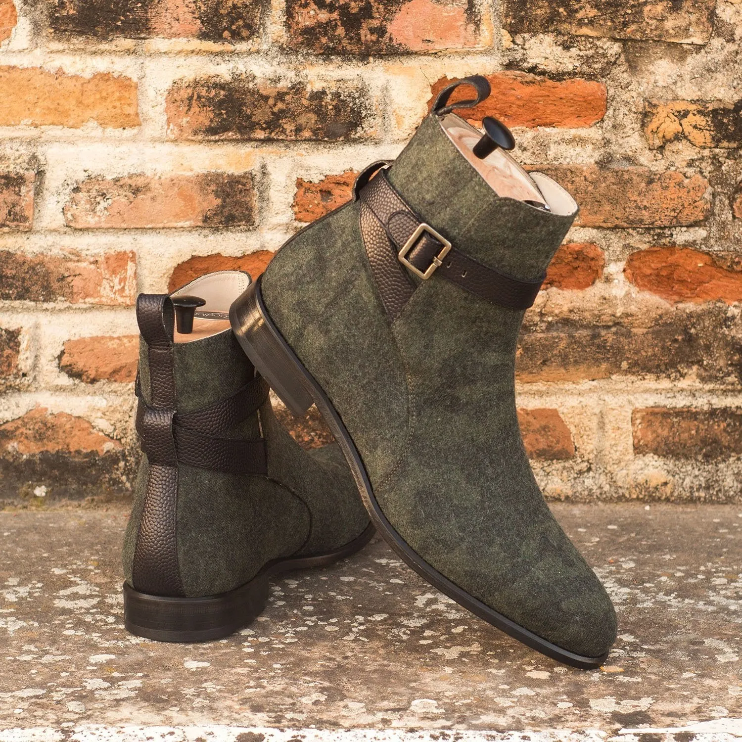 Ambrogio Bespoke Custom Men's Shoes Black & Green Fabric / Calf-Skin Leather Jodhpur Boots (AMB1900)