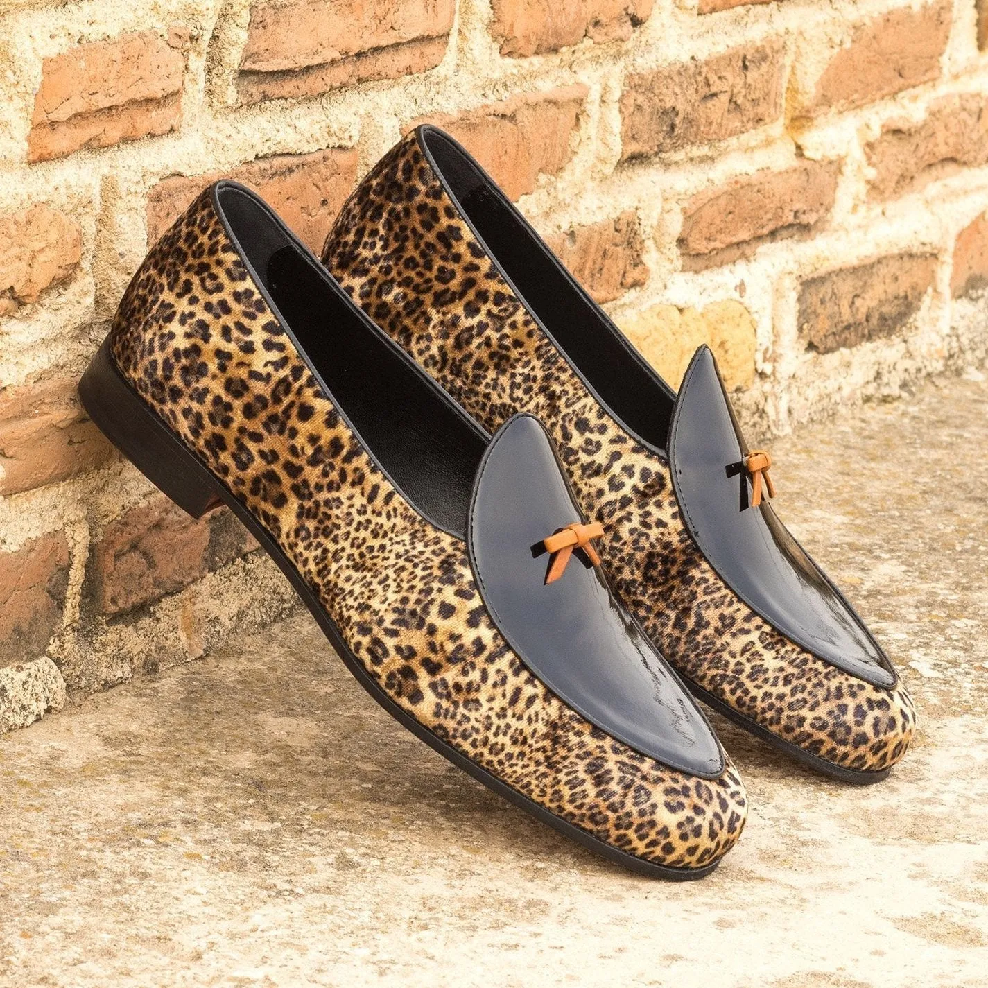 Ambrogio Bespoke Custom Men's Shoes Black & Yellow Leopard Sartorial / Patent Leather Belgian Loafers (AMB2232)