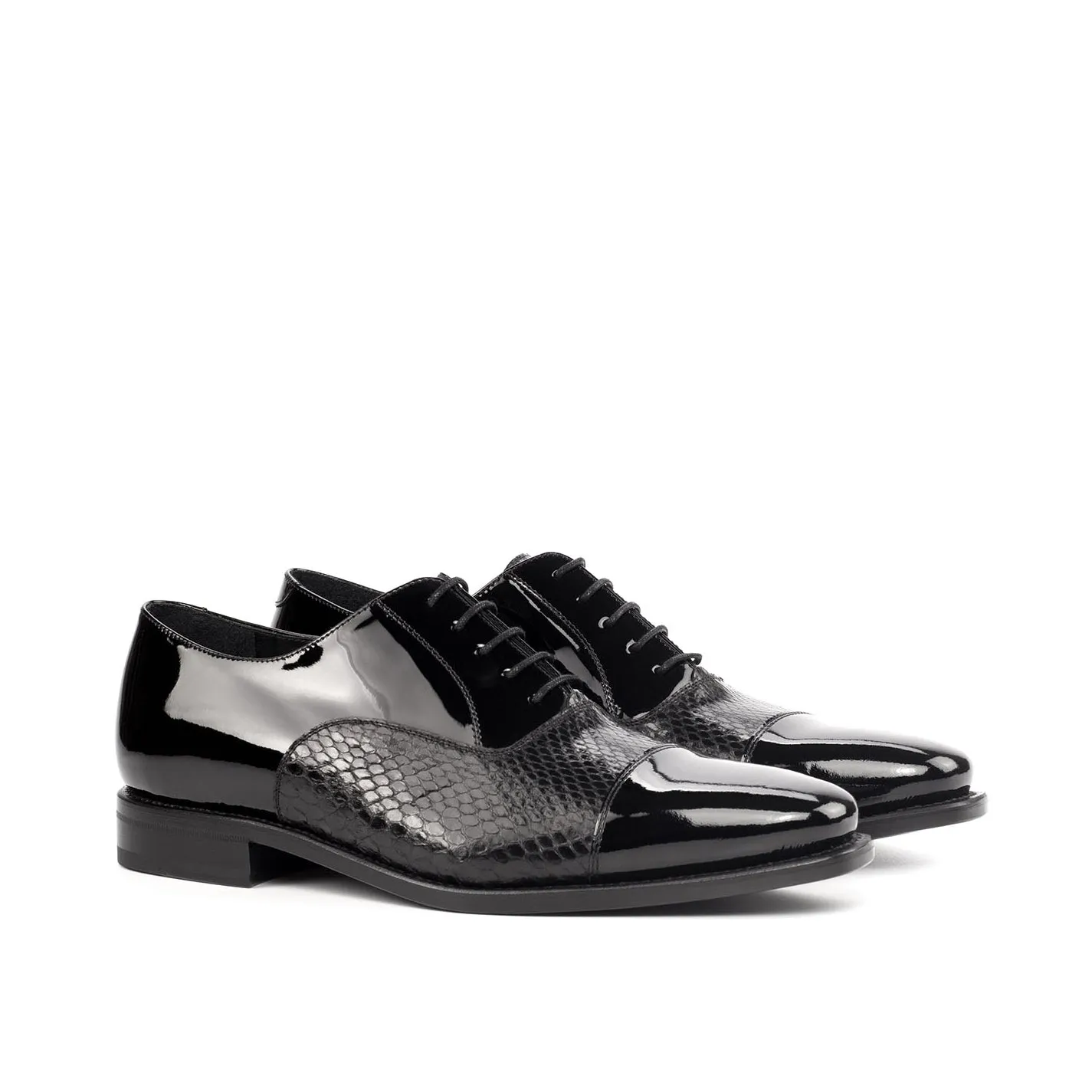 Ambrogio Bespoke Custom Men's Shoes Black Exotic Snake-Skin / Patent Leather Oxfords (AMB1901)