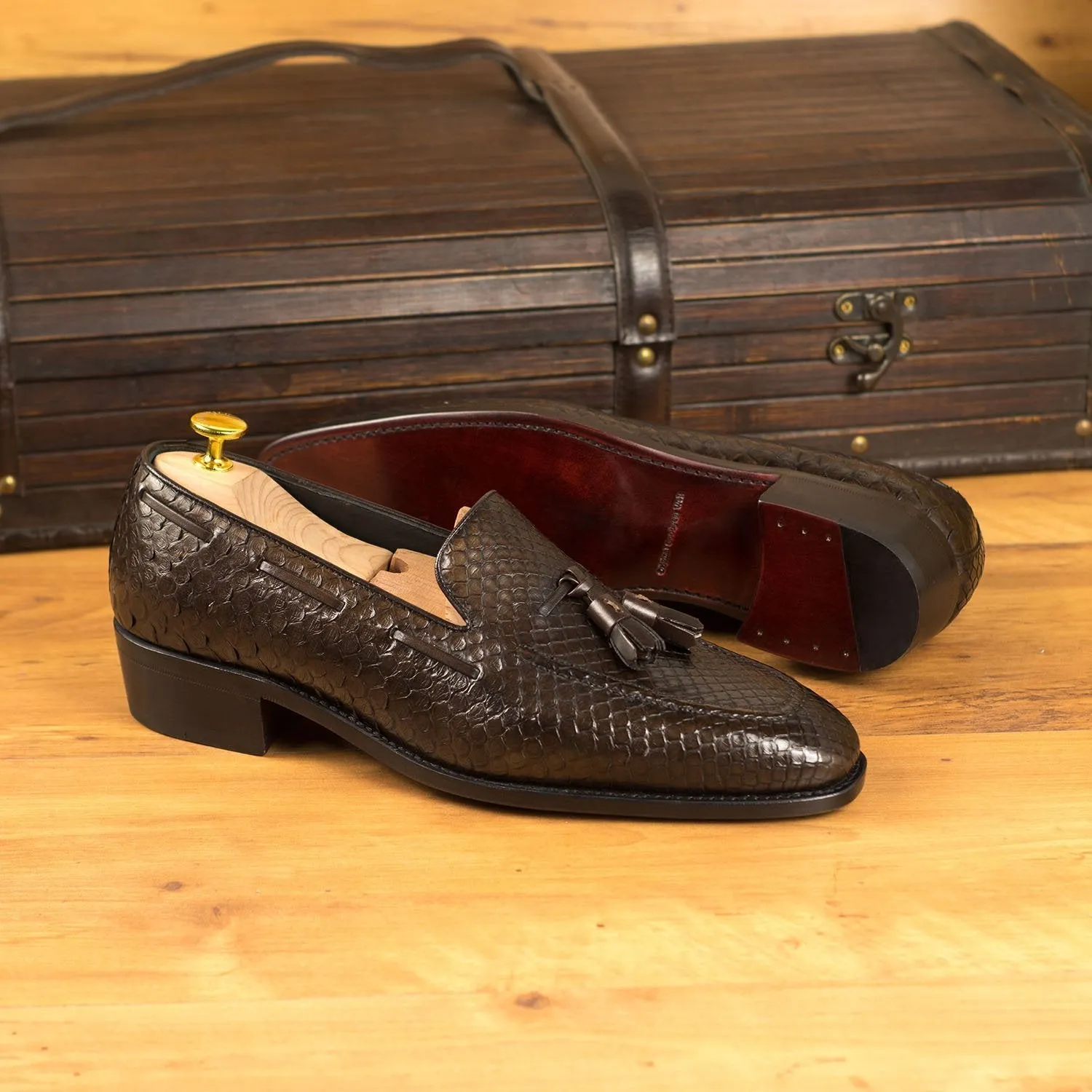 Ambrogio Bespoke Custom Men's Shoes Dark Brown Exotic Snake-Skin / Calf-Skin Leather Loafers (AMB1867)