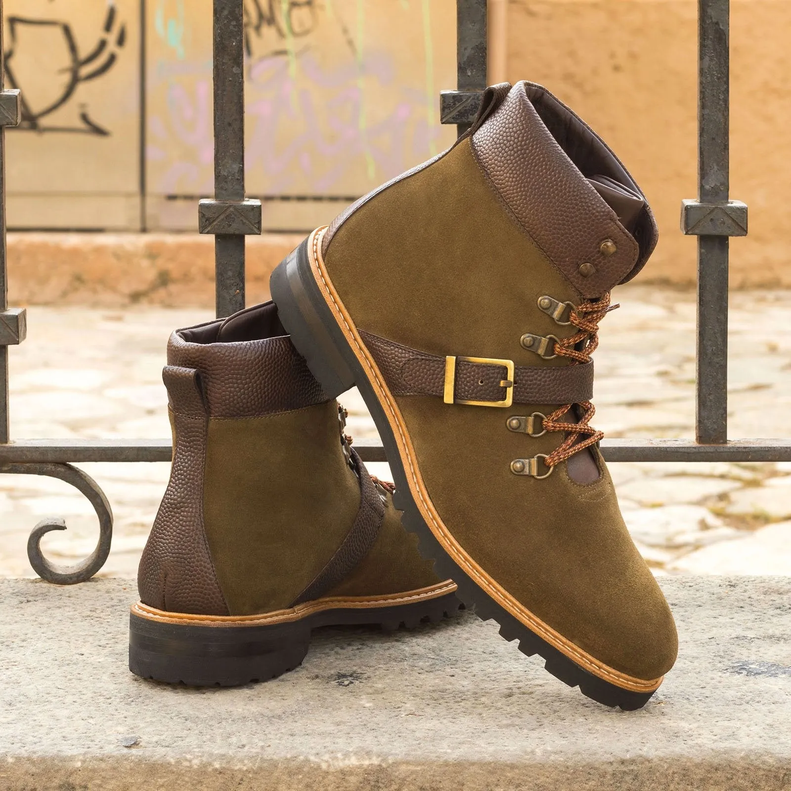 Ambrogio Bespoke Custom Men's Shoes Khaki & Dark Brown Suede / Pebble Grain / Calf-Skin Leather Hiking Boots (AMB2206)