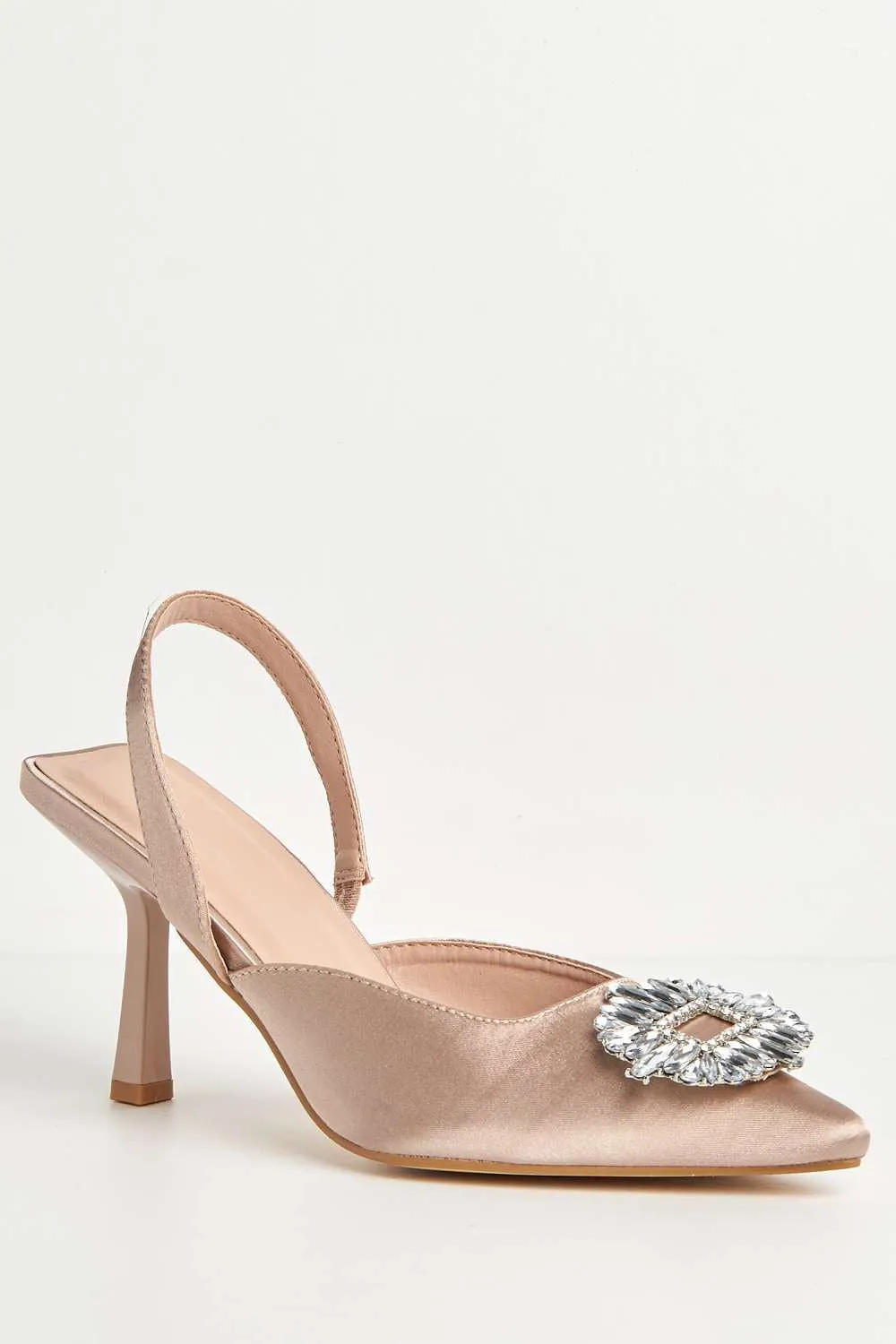 Amira Diamante Brooch Sling Back Court Shoes in Champagne Satin