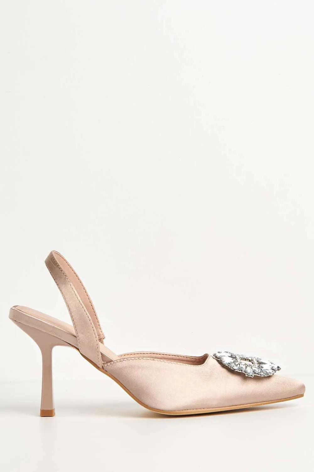 Amira Diamante Brooch Sling Back Court Shoes in Champagne Satin