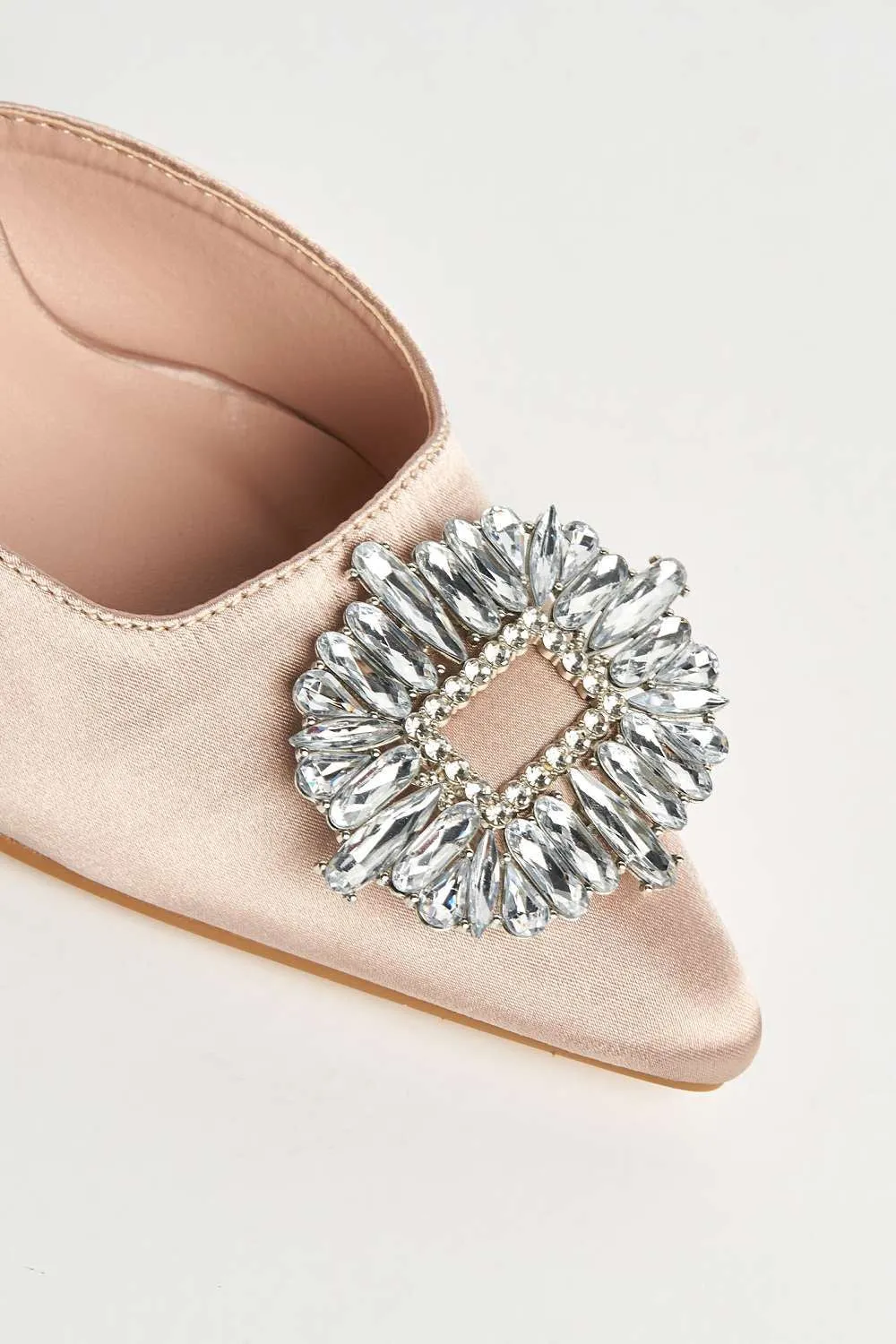 Amira Diamante Brooch Sling Back Court Shoes in Champagne Satin