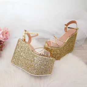 Ankle Strap Gold Glam Wedge Sandals