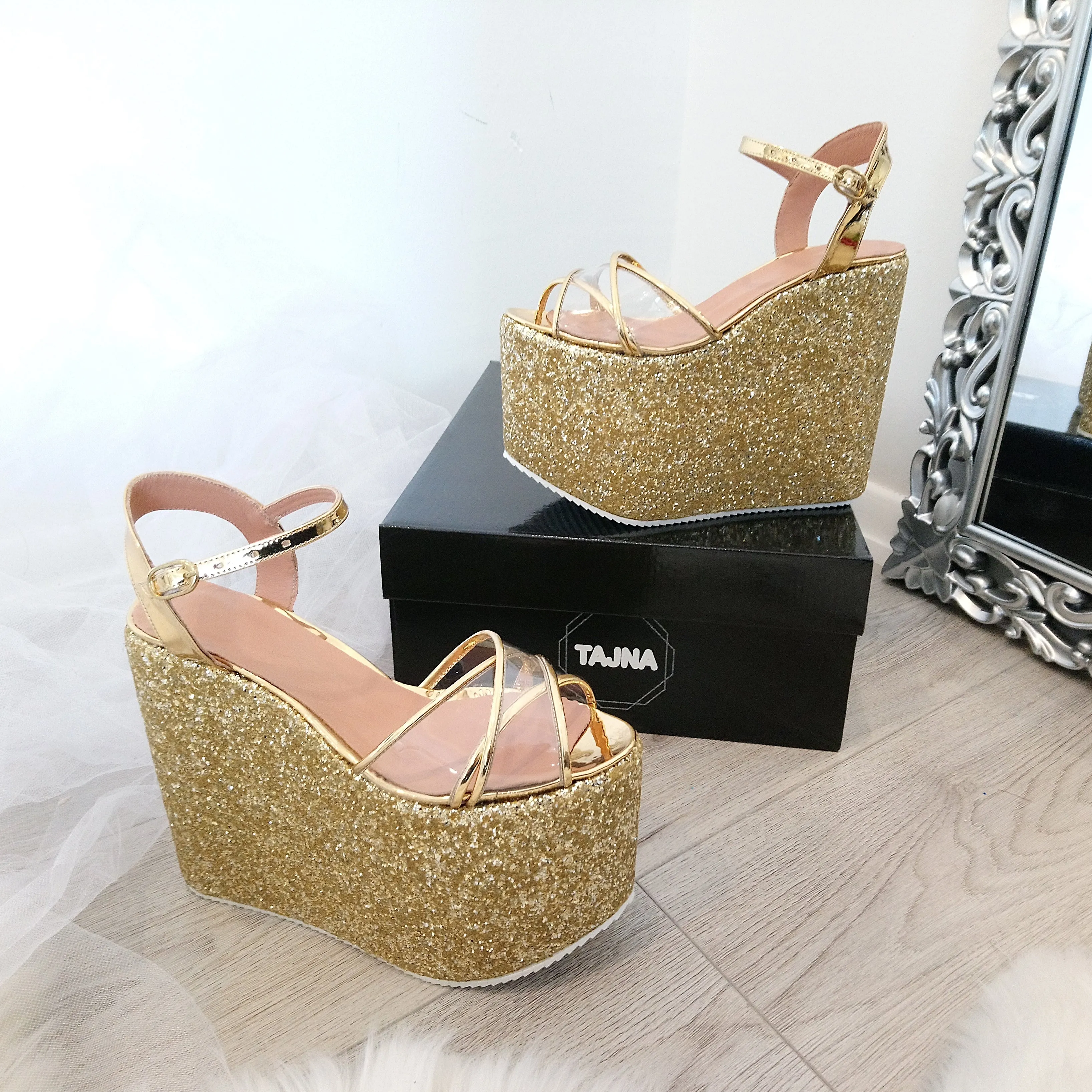 Ankle Strap Gold Glam Wedge Sandals