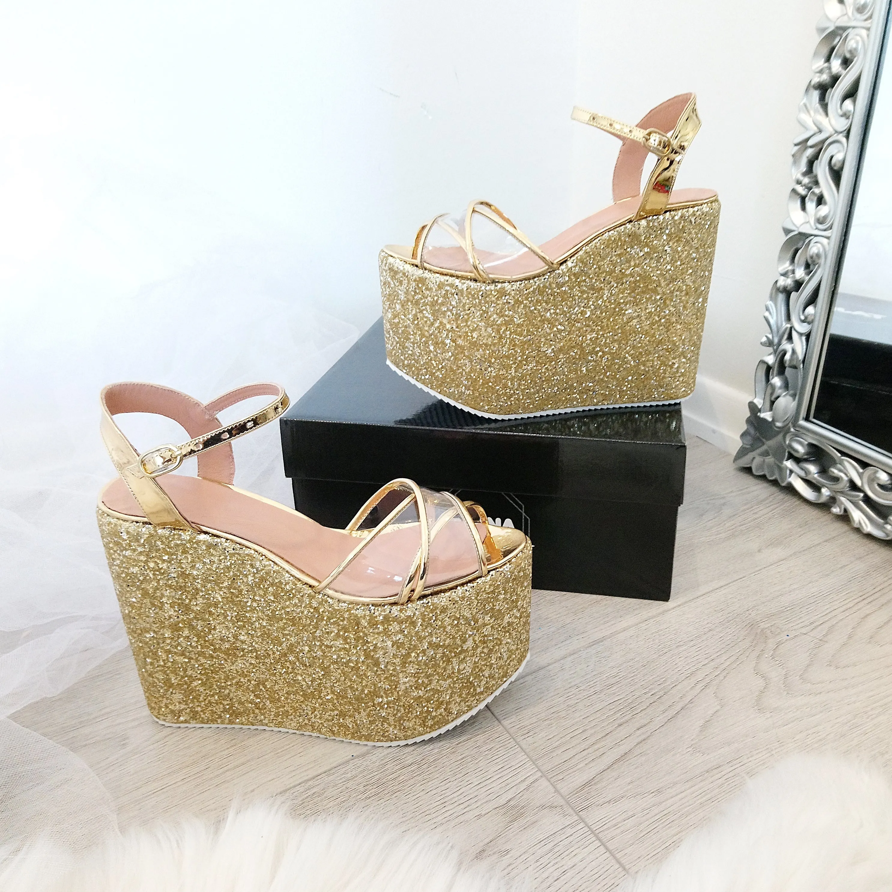 Ankle Strap Gold Glam Wedge Sandals