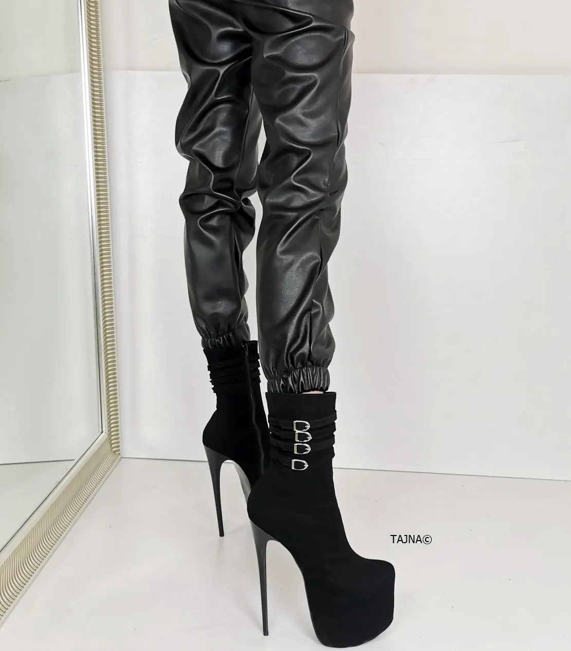 Aragon Black Suede Belted Heel Boots