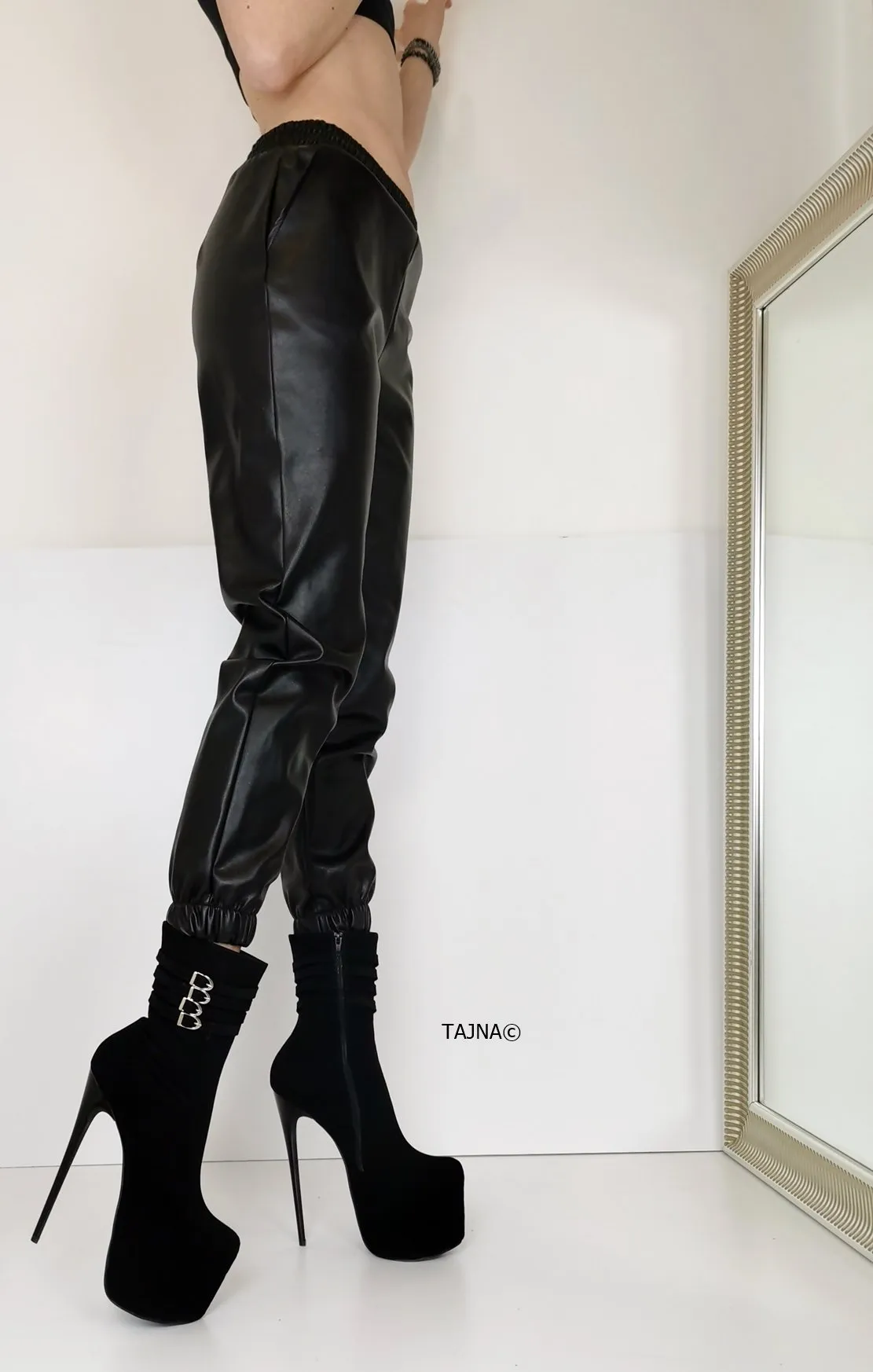 Aragon Black Suede Belted Heel Boots