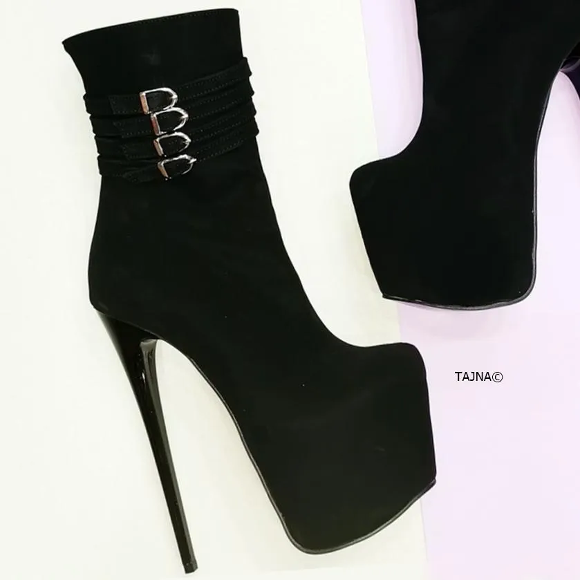 Aragon Black Suede Belted Heel Boots