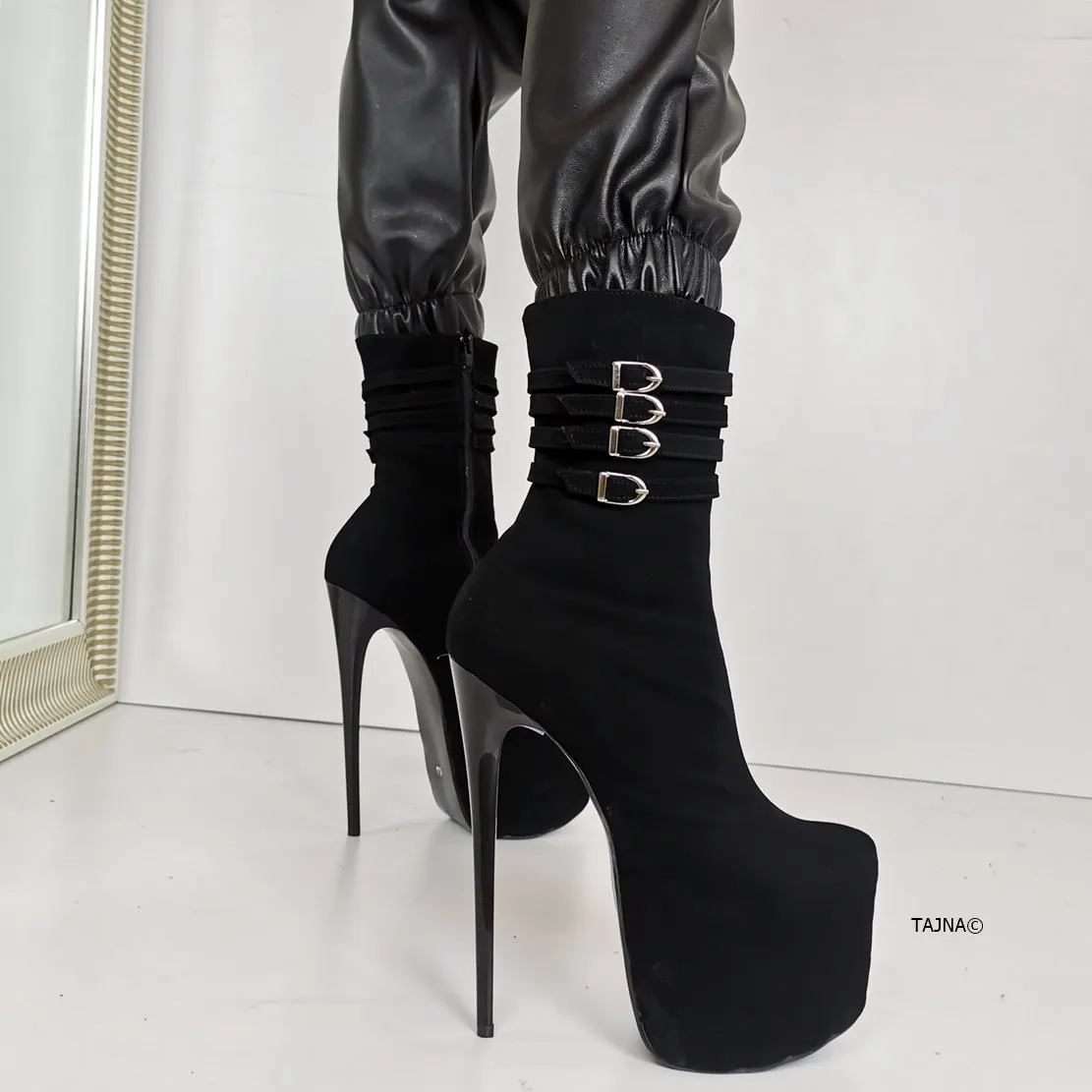 Aragon Black Suede Belted Heel Boots