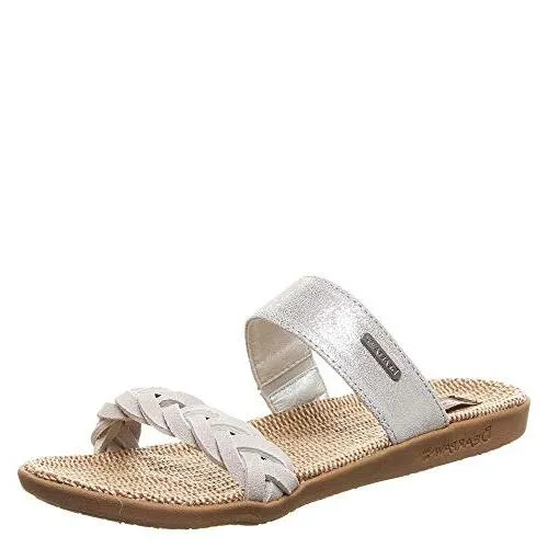 Bearpaw Ash Linen/Silver Metallic Casual Open Toe Womens Slip On Flat Sandals