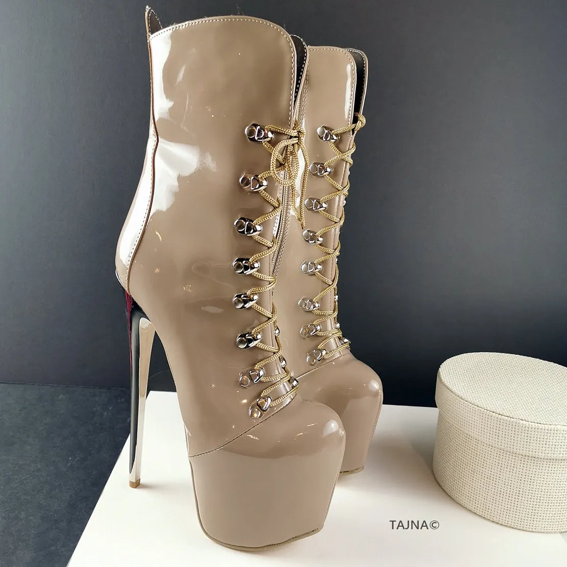 Beige Patent Military Lace Up Ankle Boots