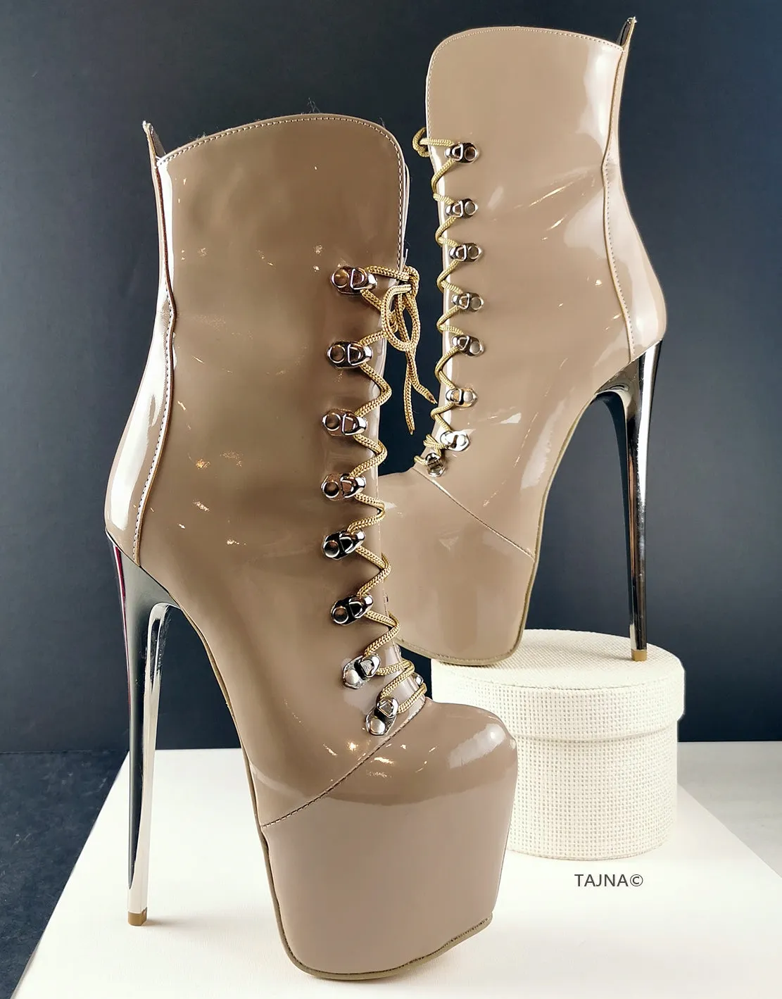 Beige Patent Military Lace Up Ankle Boots