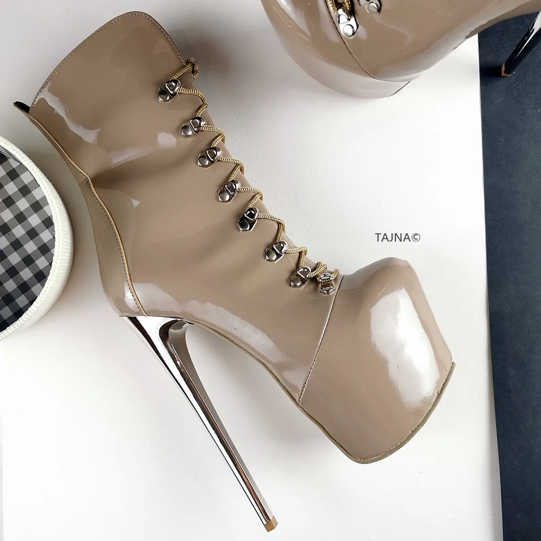 Beige Patent Military Lace Up Ankle Boots