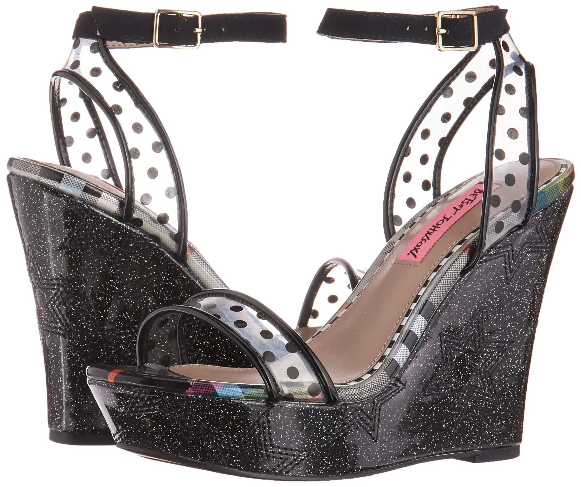 Betsey Johnson Charissa Black Multi Fashion Ankle Strap Open Toe Wedge Sandals