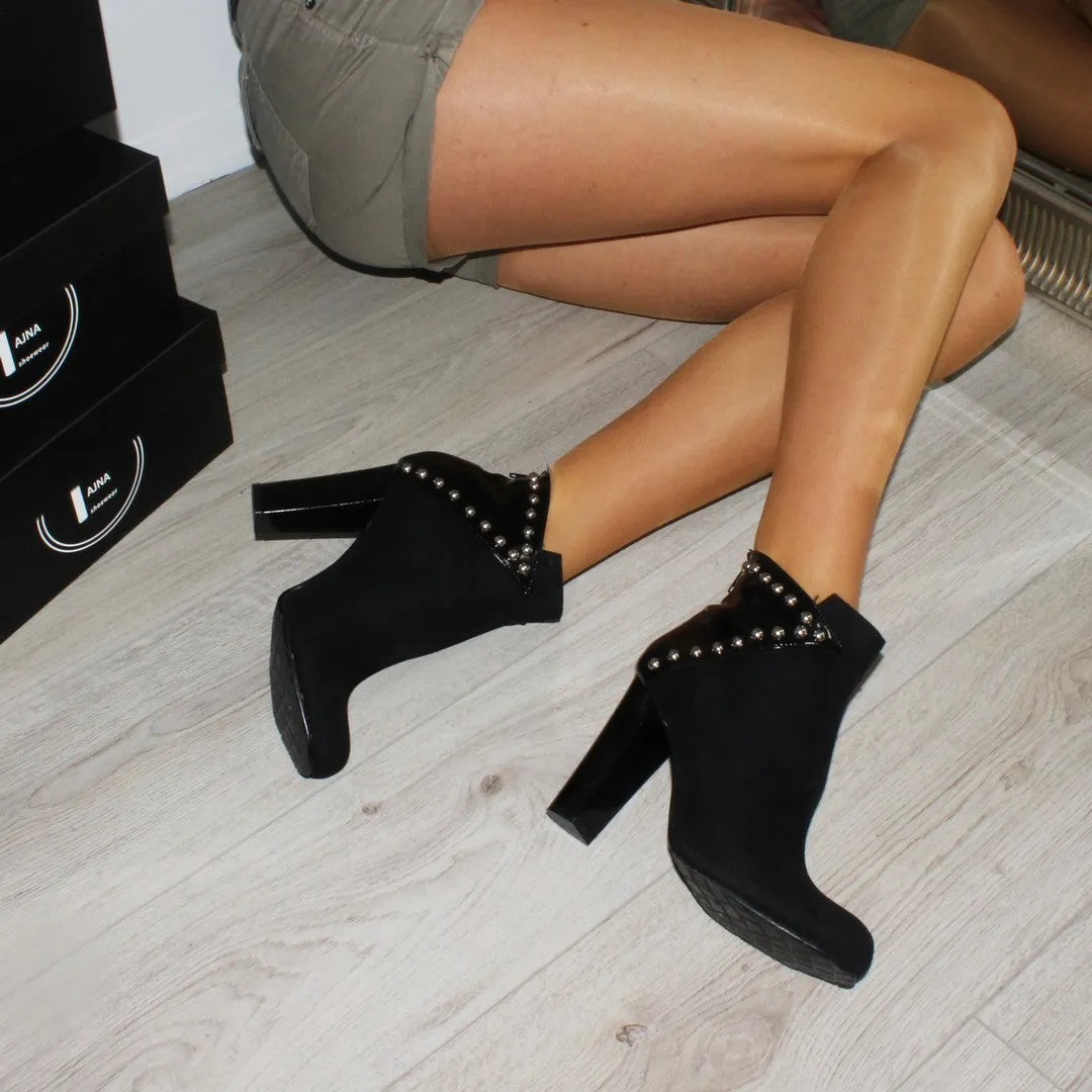 Biker Black Suede Chunky Heel Ankle Booties