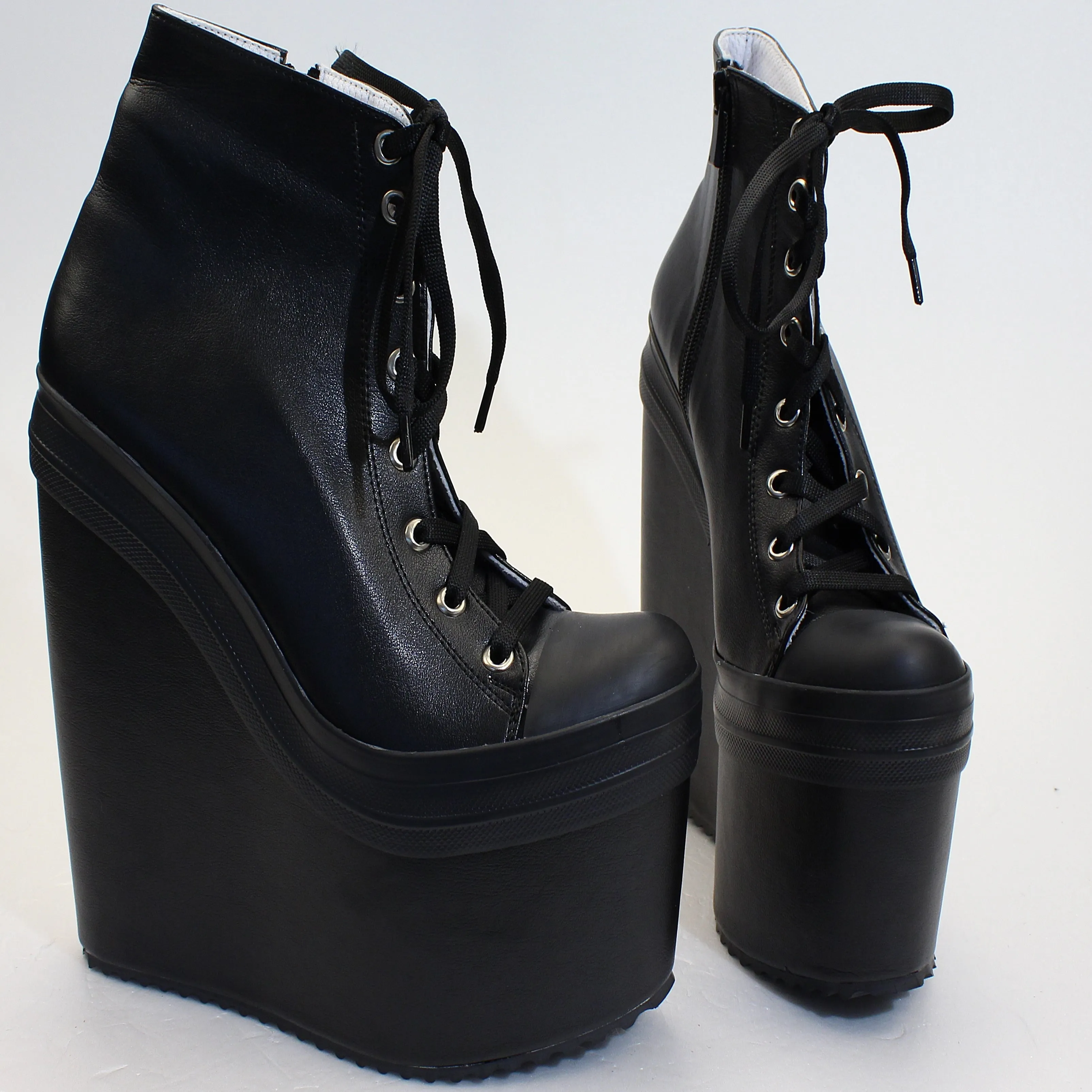 Black Faux Leather Lace Up Platform Wedge Booties