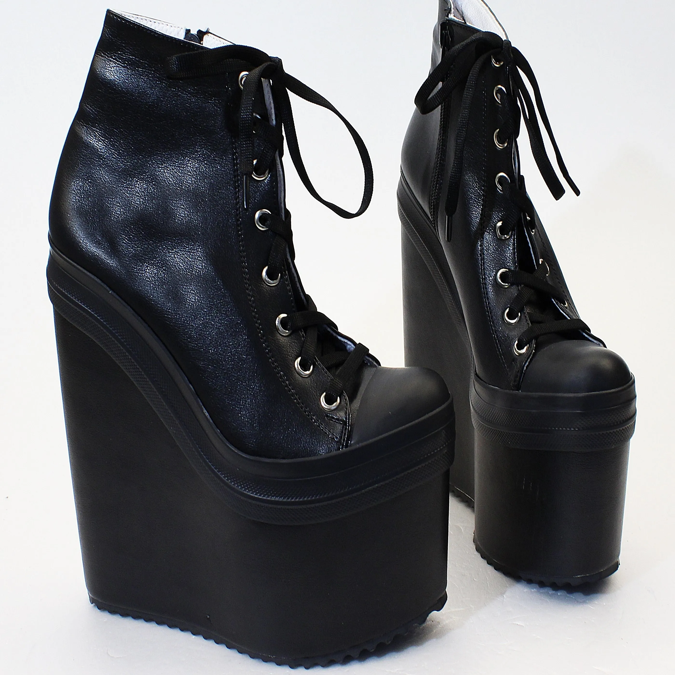 Black Faux Leather Lace Up Platform Wedge Booties