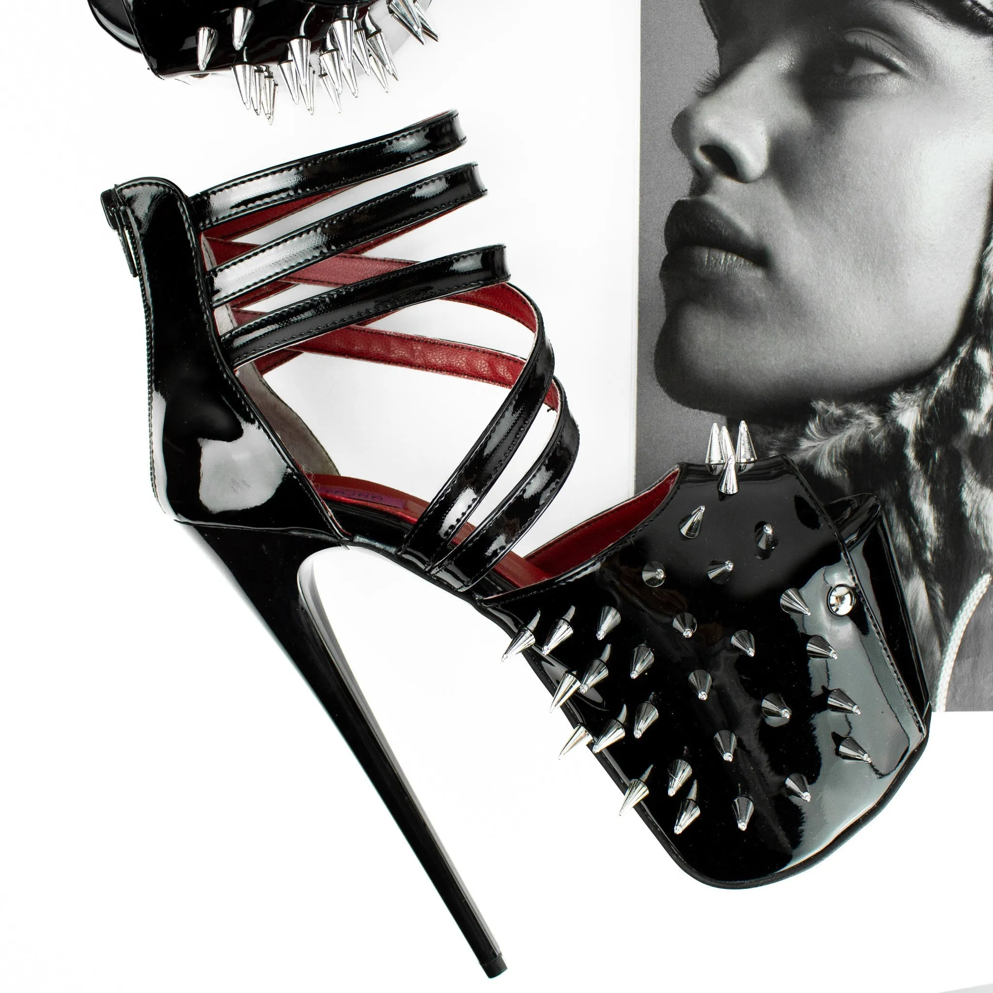 Black Gloss Spike Studded Fetish Heels