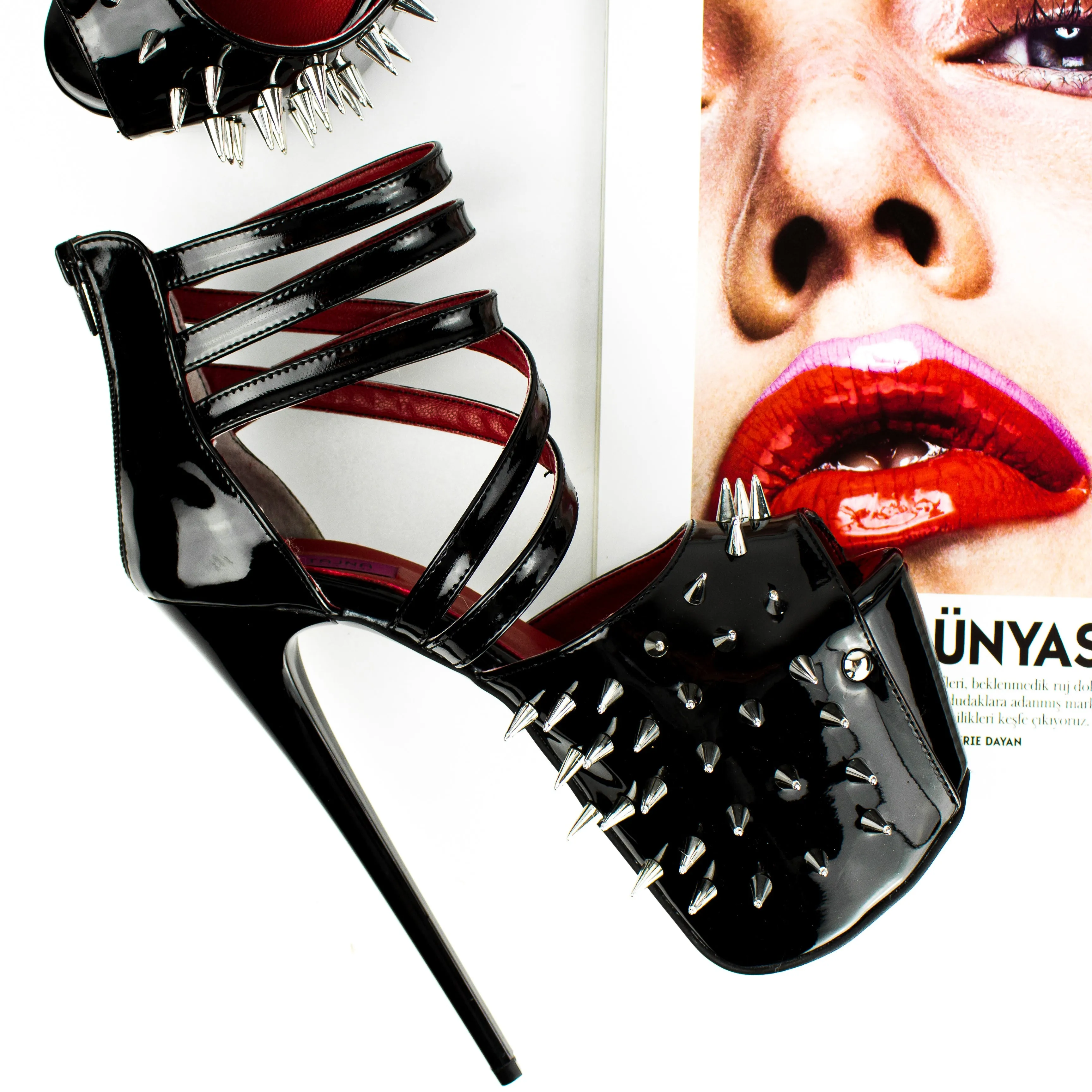 Black Gloss Spike Studded Fetish Heels