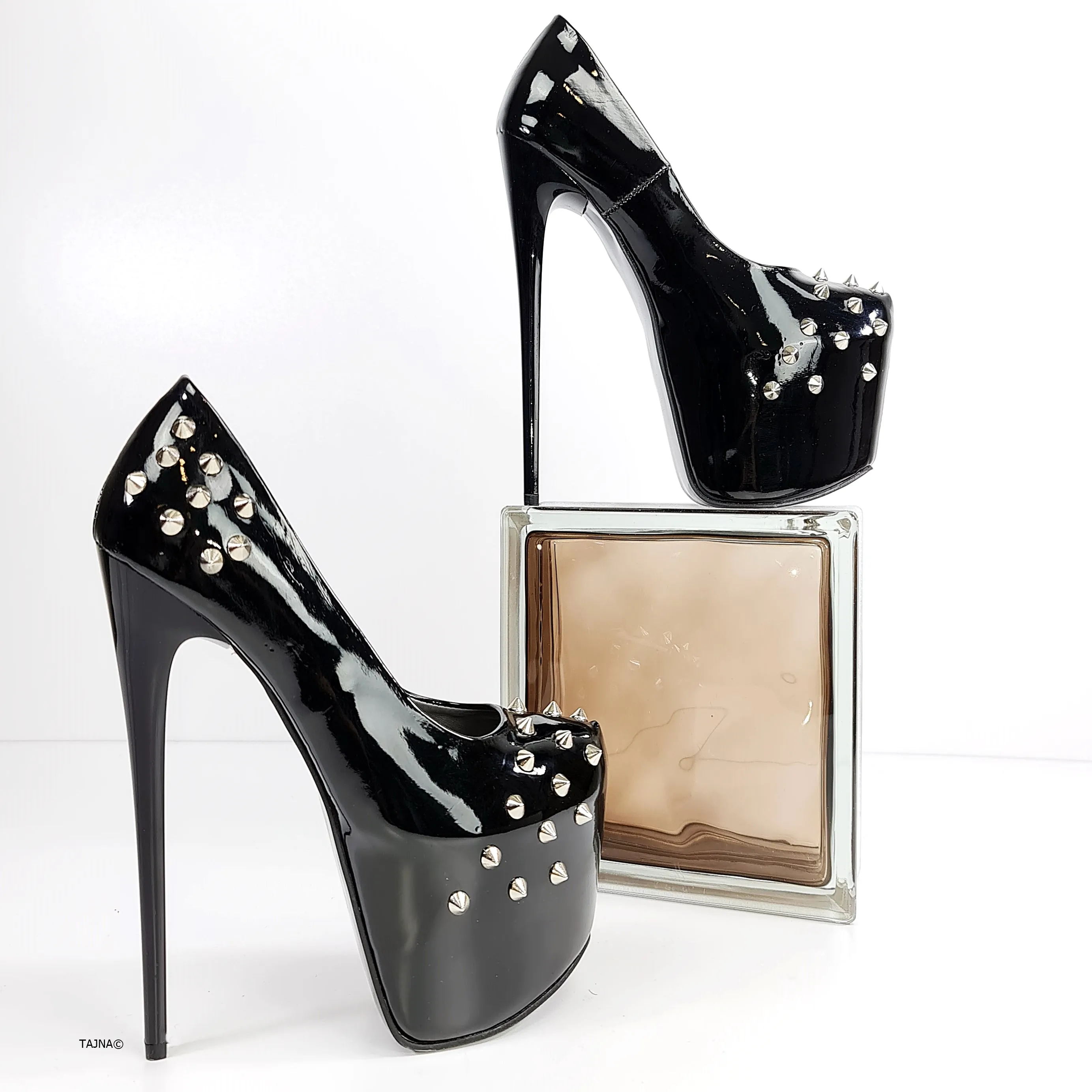 Black Gloss Spike Studded High Heels