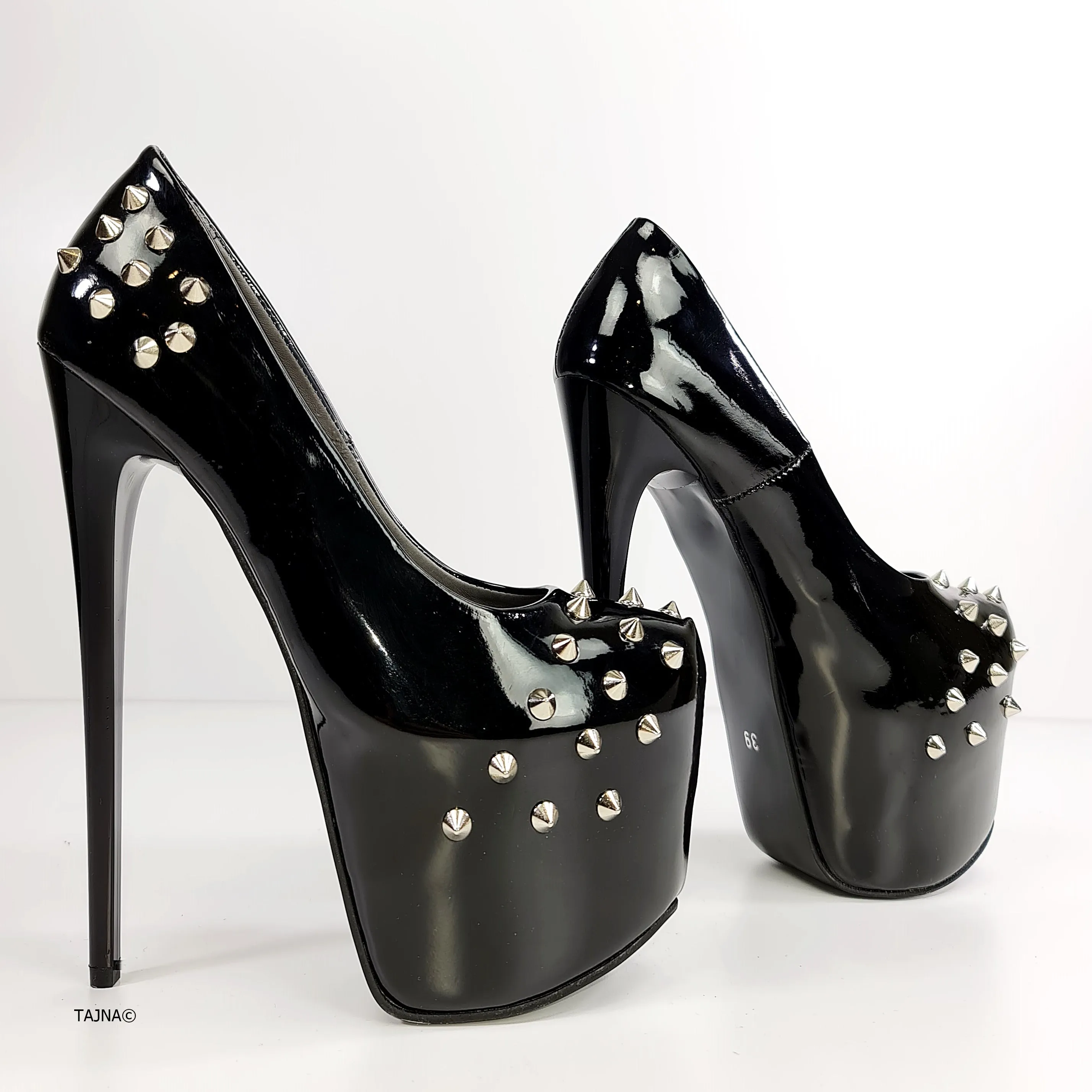 Black Gloss Spike Studded High Heels