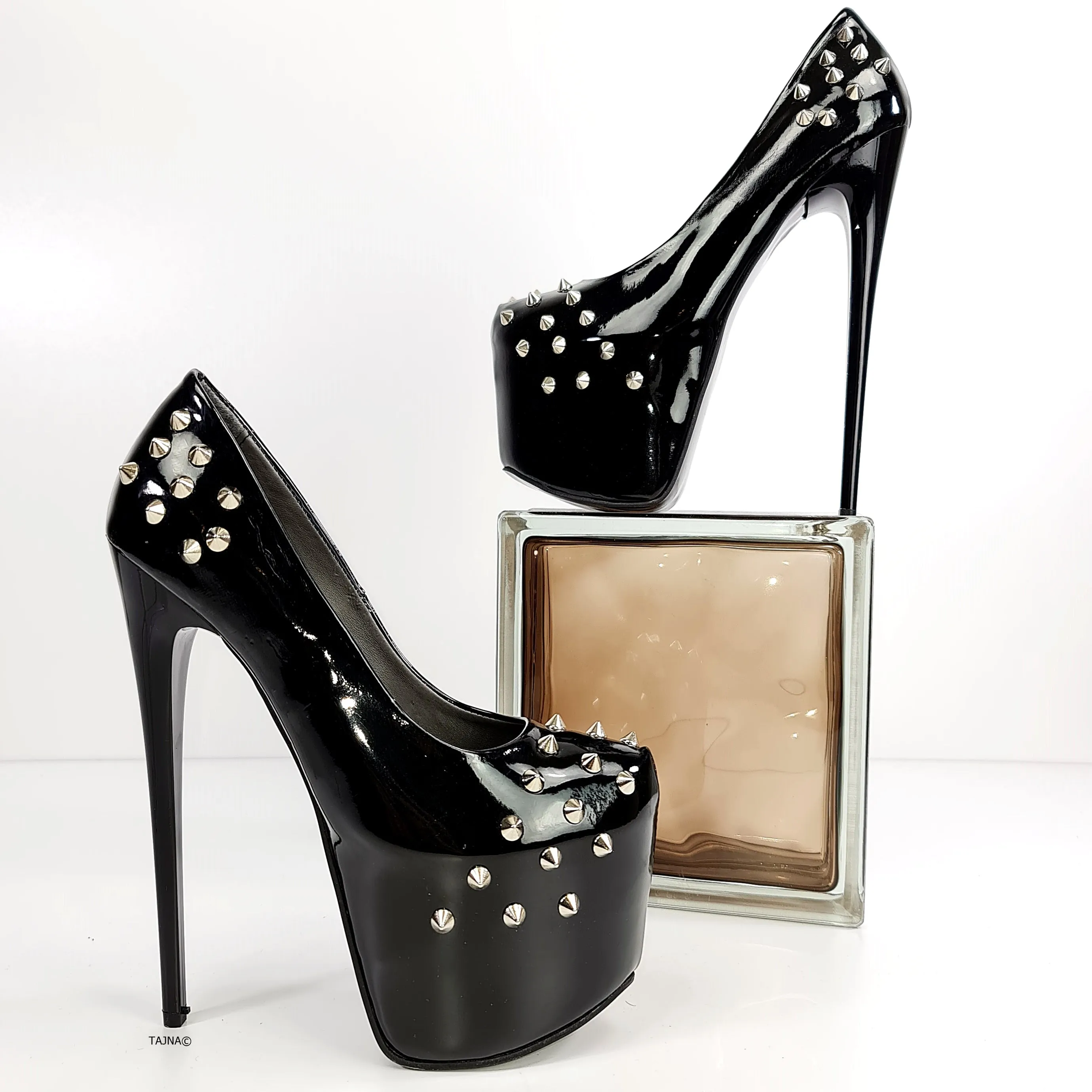 Black Gloss Spike Studded High Heels