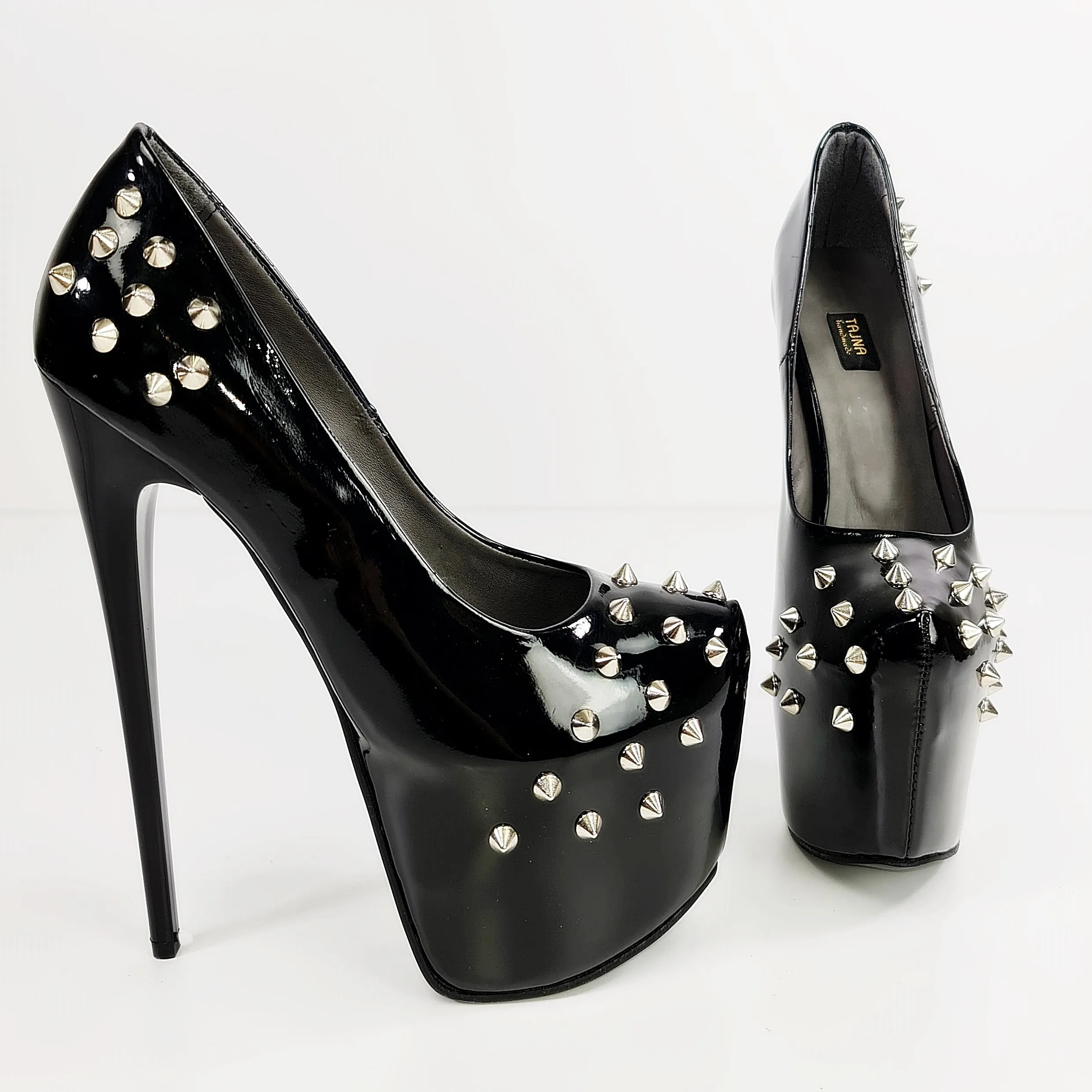 Black Gloss Spike Studded High Heels