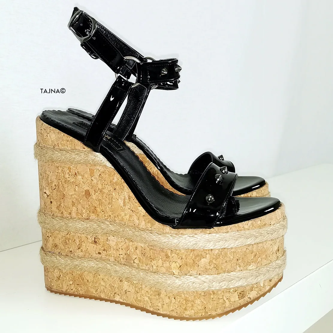 Black Gloss Studs Cork Wedge Sandals