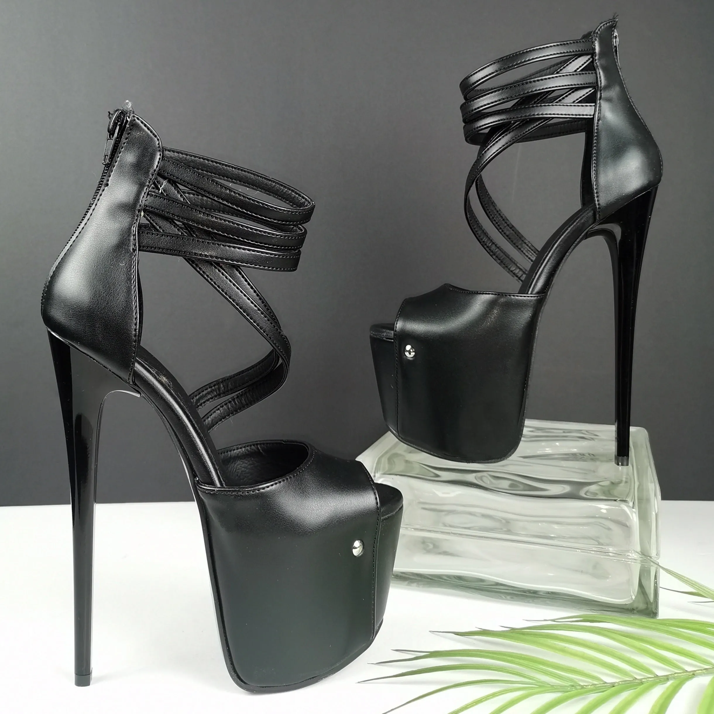 Black Matte Multi Strap Ankle Heel Platforms