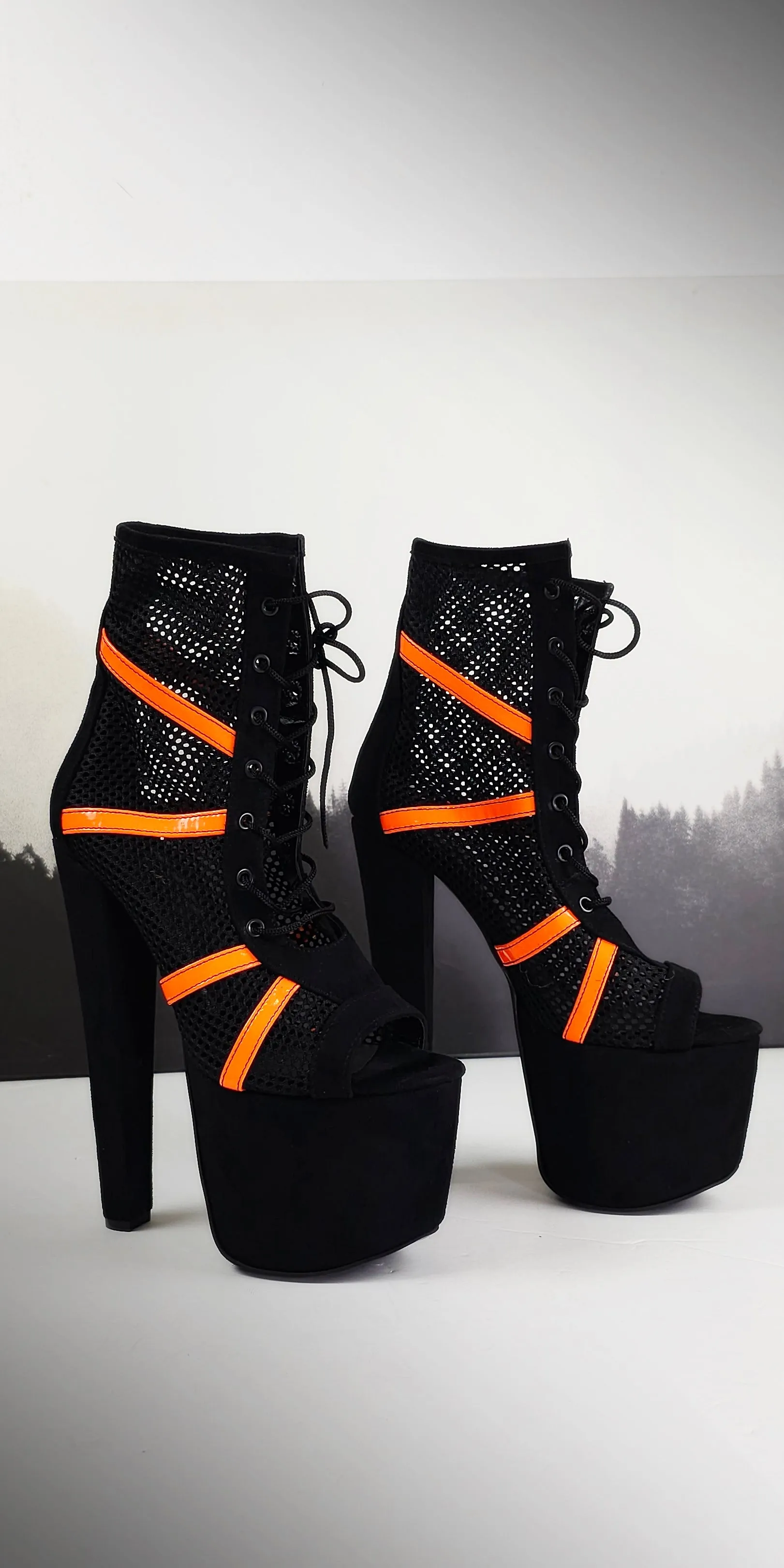 Black Orange Fishnet Platform High Heel Booties