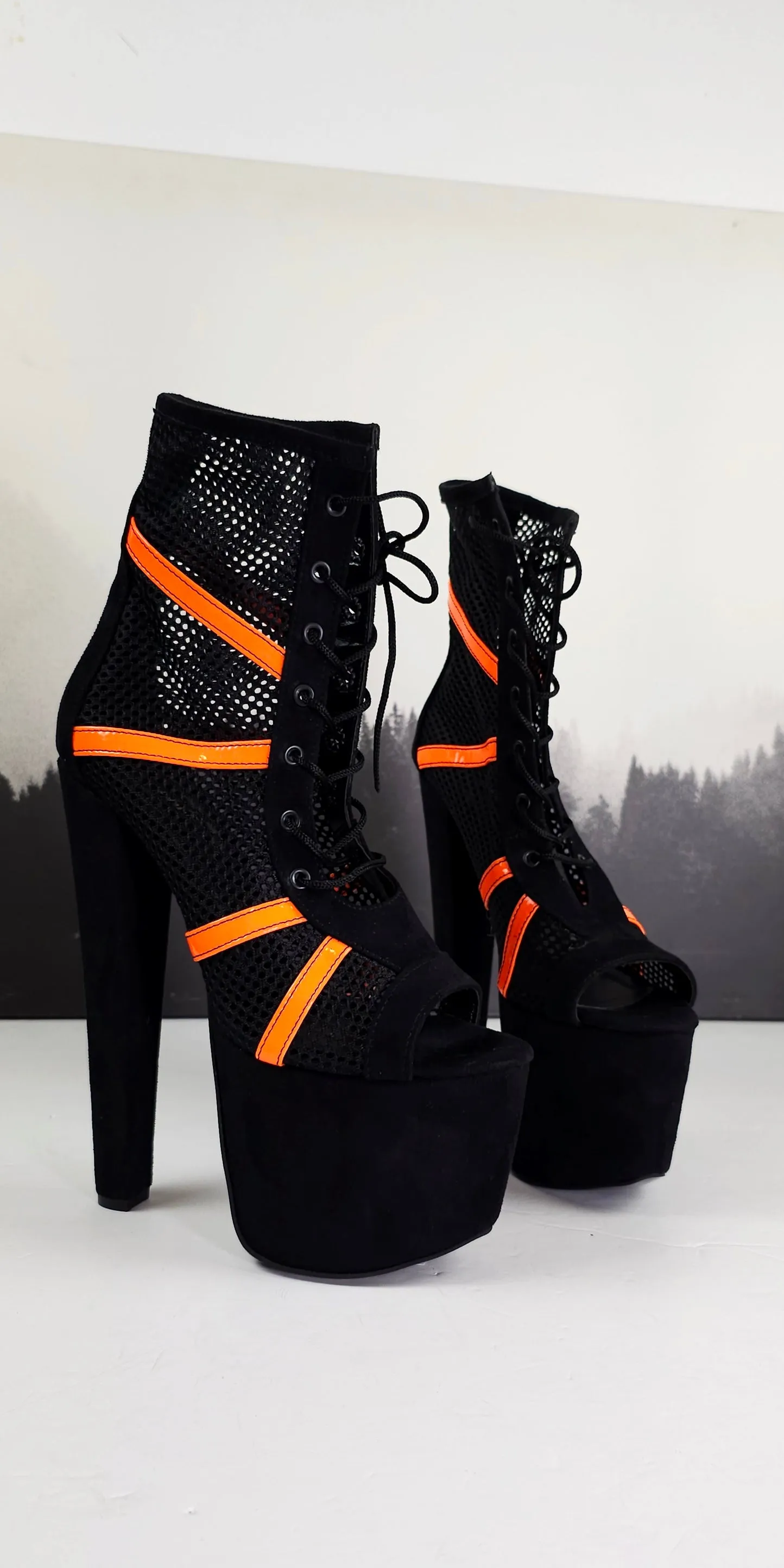 Black Orange Fishnet Platform High Heel Booties