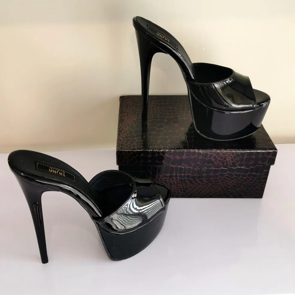 Black Patent High Heel Platform Mules