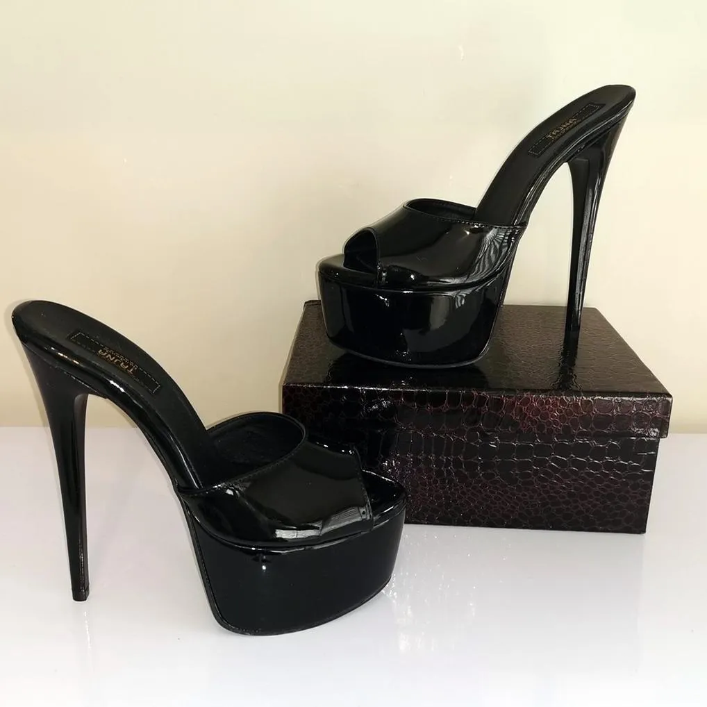 Black Patent High Heel Platform Mules