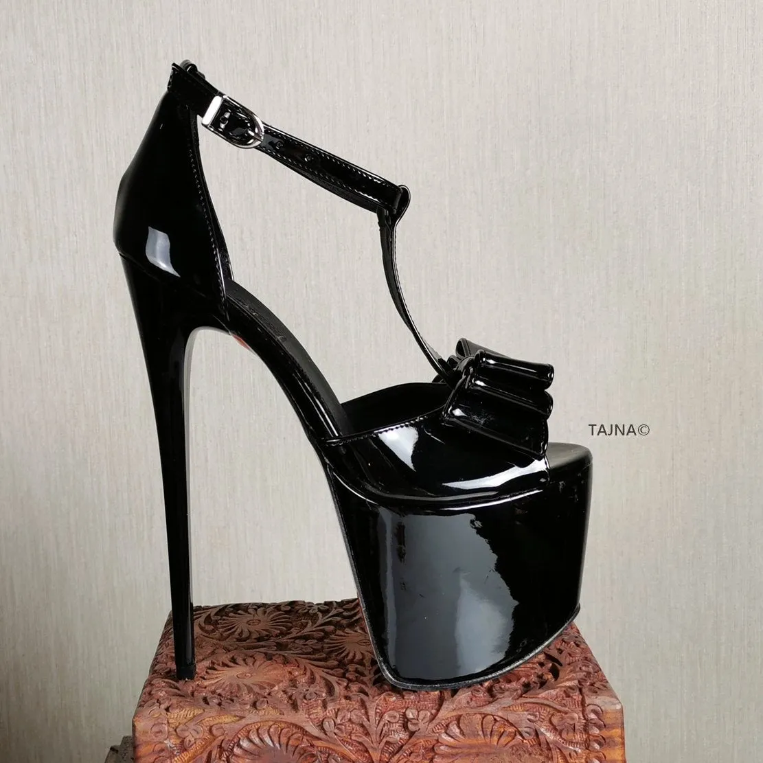 Black Patent Ribbon High Heel Platforms