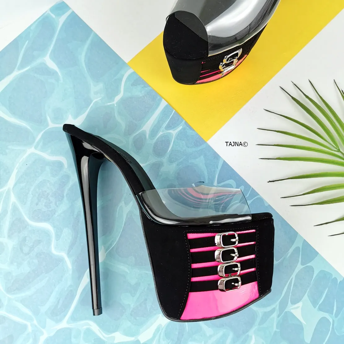 Black Pink Belted Transparent Strap Mules