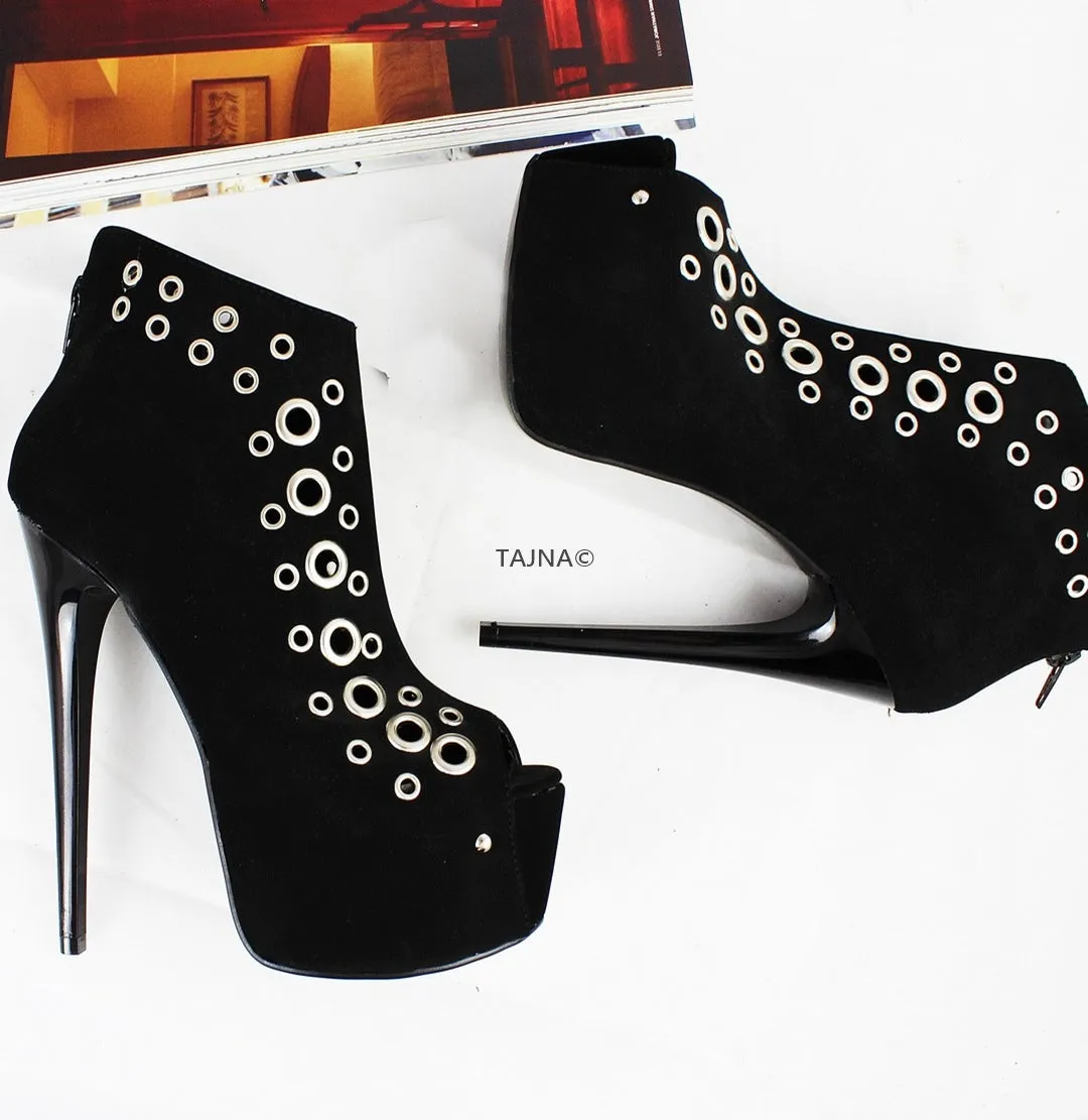 Black Punch Ankle Peep Toe Booties