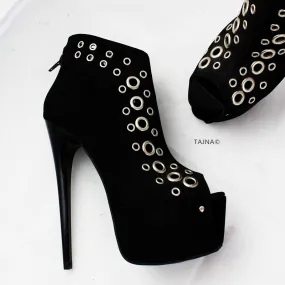 Black Punch Ankle Peep Toe Booties