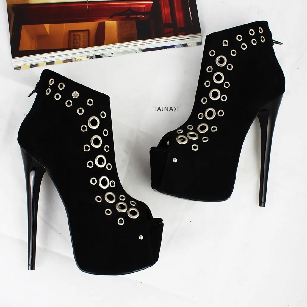 Black Punch Ankle Peep Toe Booties