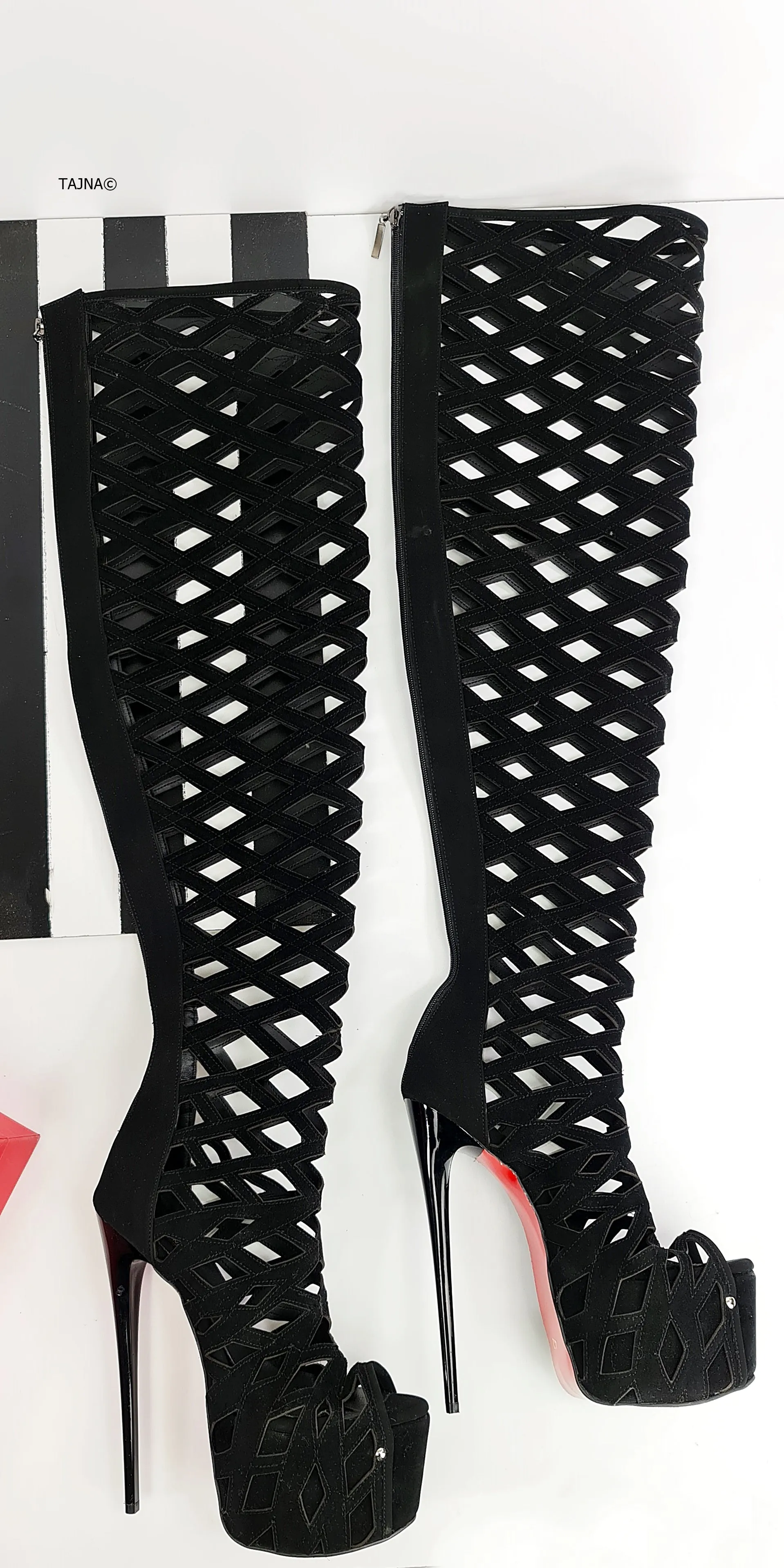 Black Suede Laser Cut Thigh High Boots