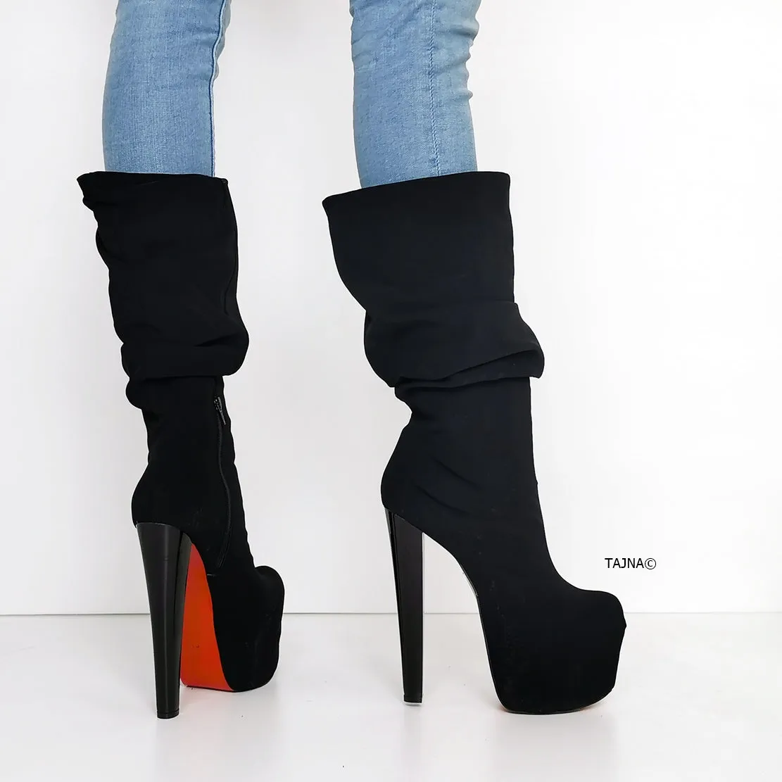 Black Suede Mid-Calf Chunky Heel Boots