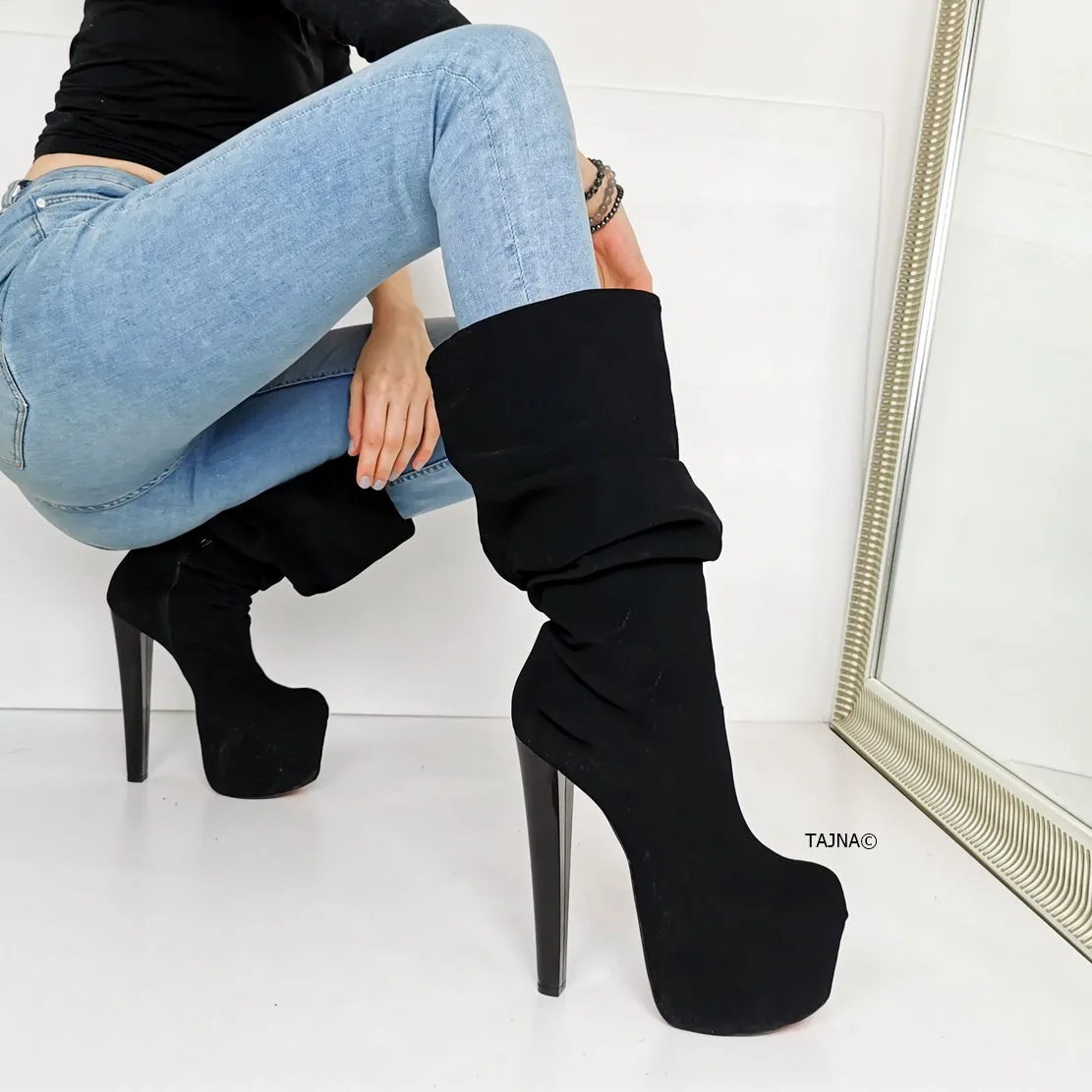 Black Suede Mid-Calf Chunky Heel Boots