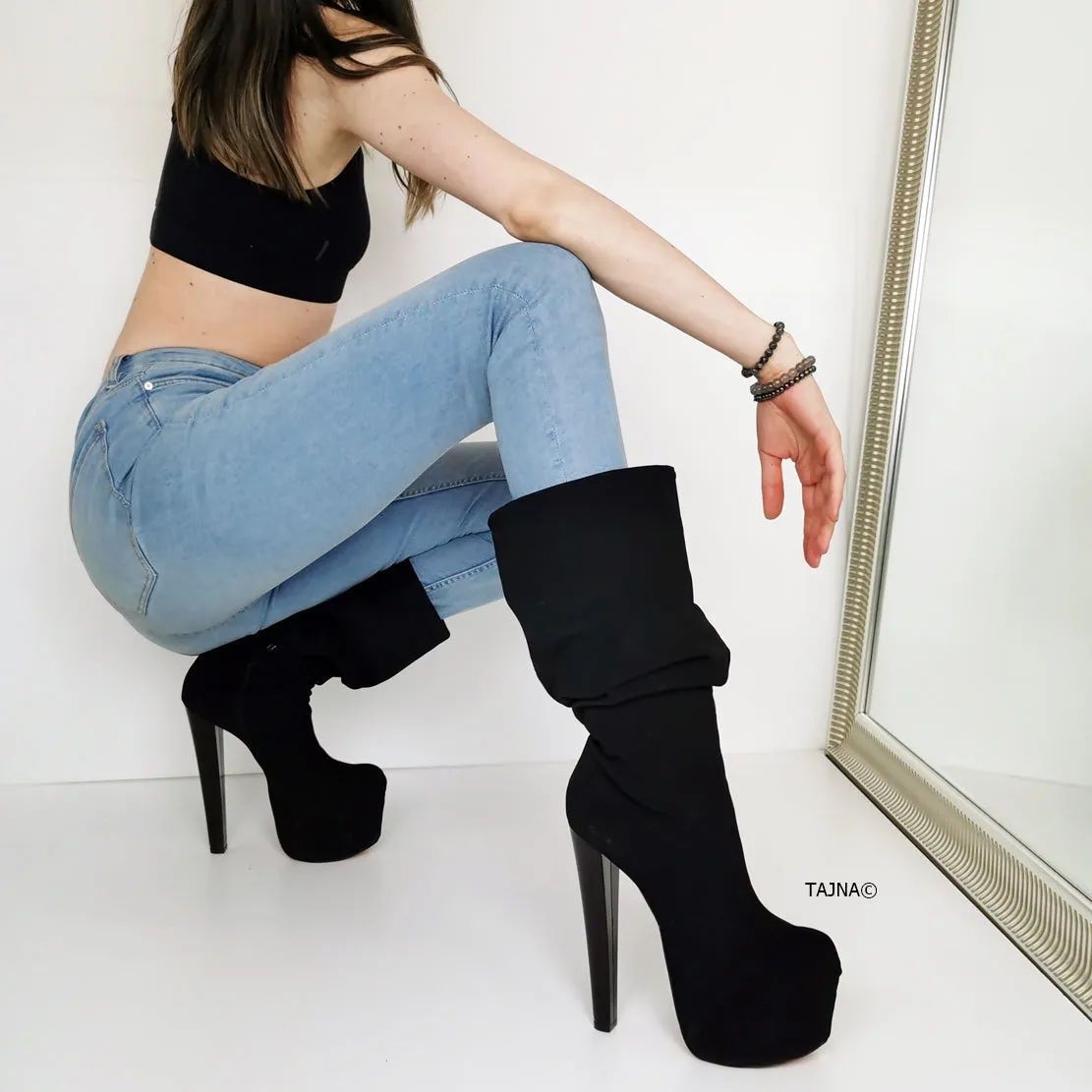 Black Suede Mid-Calf Chunky Heel Boots