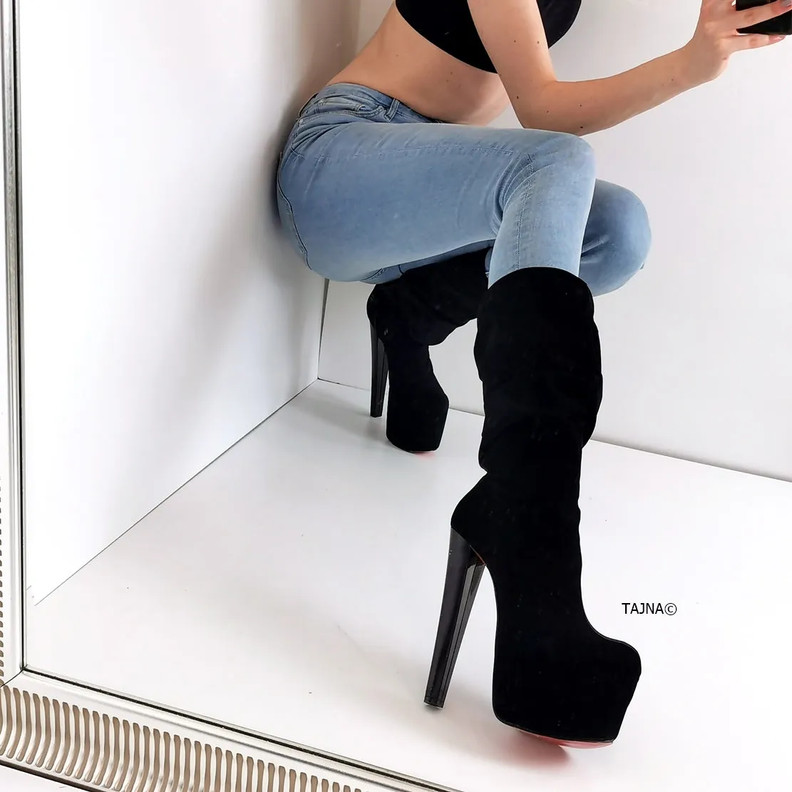 Black Suede Mid-Calf Chunky Heel Boots