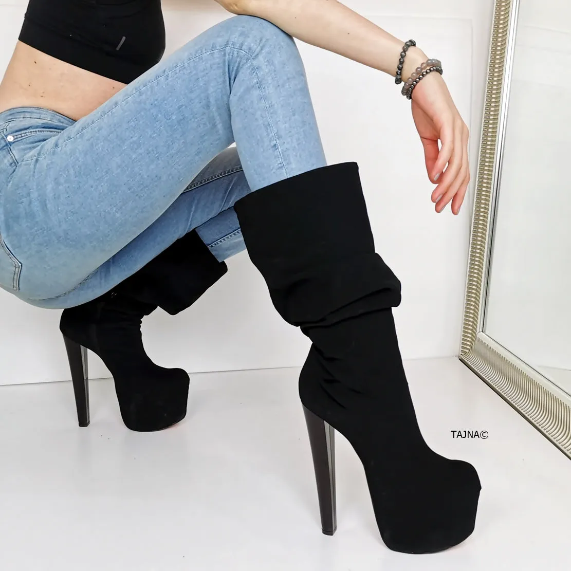 Black Suede Mid-Calf Chunky Heel Boots