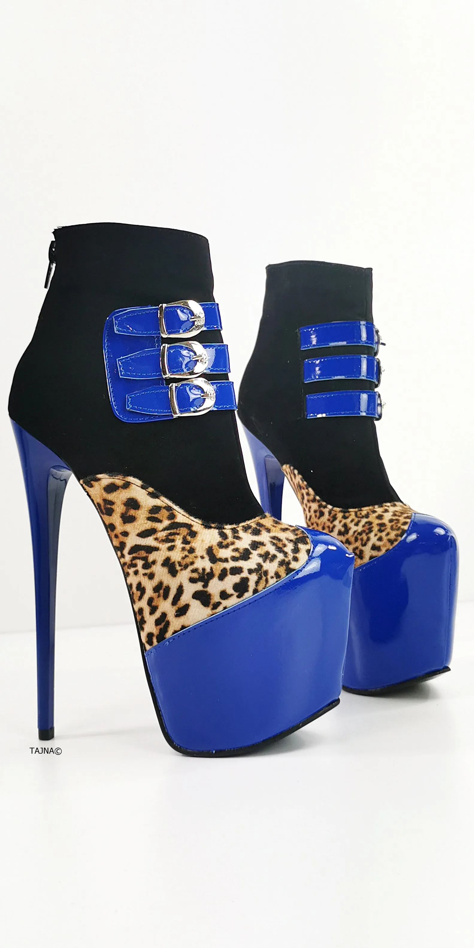 Blue Gloss Leopard Detail Ankle Heel Boots