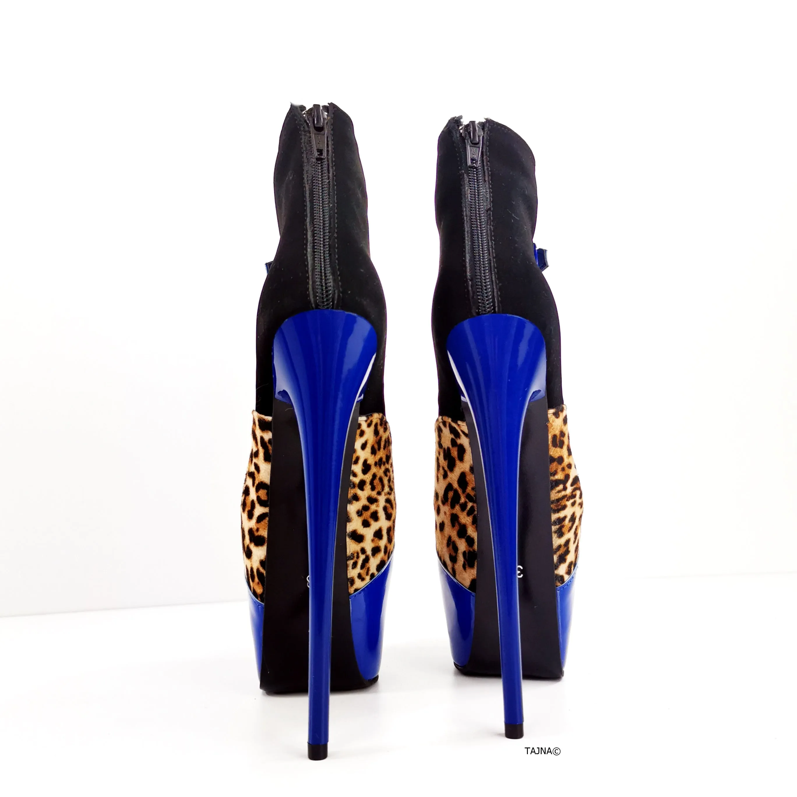 Blue Gloss Leopard Detail Ankle Heel Boots